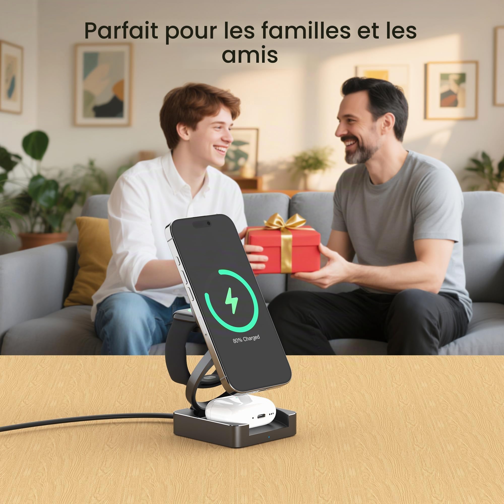 Chargeur Induction 3 en 1 Qi2 15W Magnétique en Aluminium pour iPhone 17/16/15 Pro Max, AirPods 4/3/2/Pro, Apple Watch S10/9/8, Station de Charge Rapide sans Fil pour Plusieurs Appareils