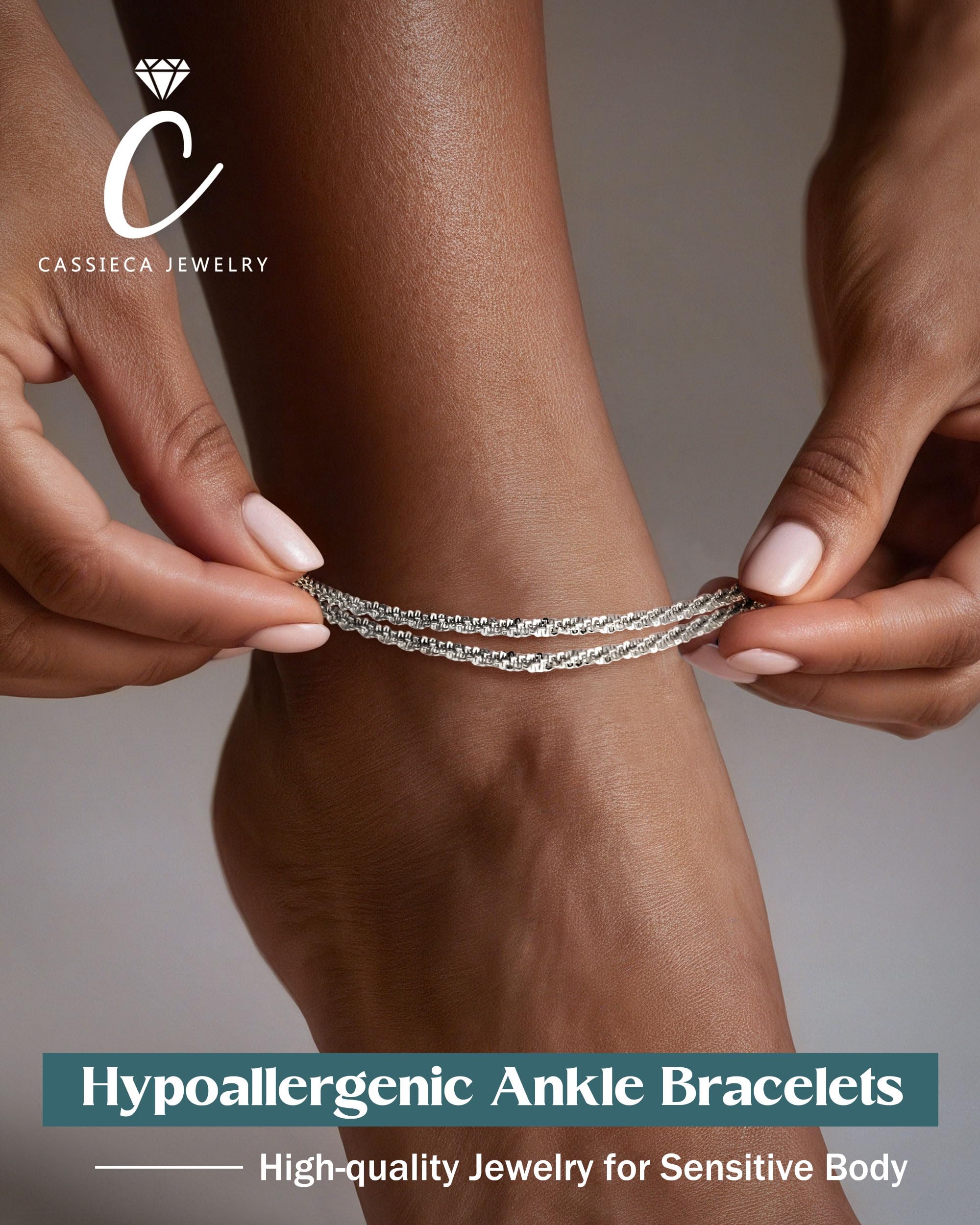 CASSIECA Cavigliere da Donna, Cavigliera Donna Argento 925 Cavigliere Donna Regolabili Cavigliere Argento per Donne Ragazze Stratificate Cavigliere Argento Cavigliere Impermeabili Gioielli Spiaggia