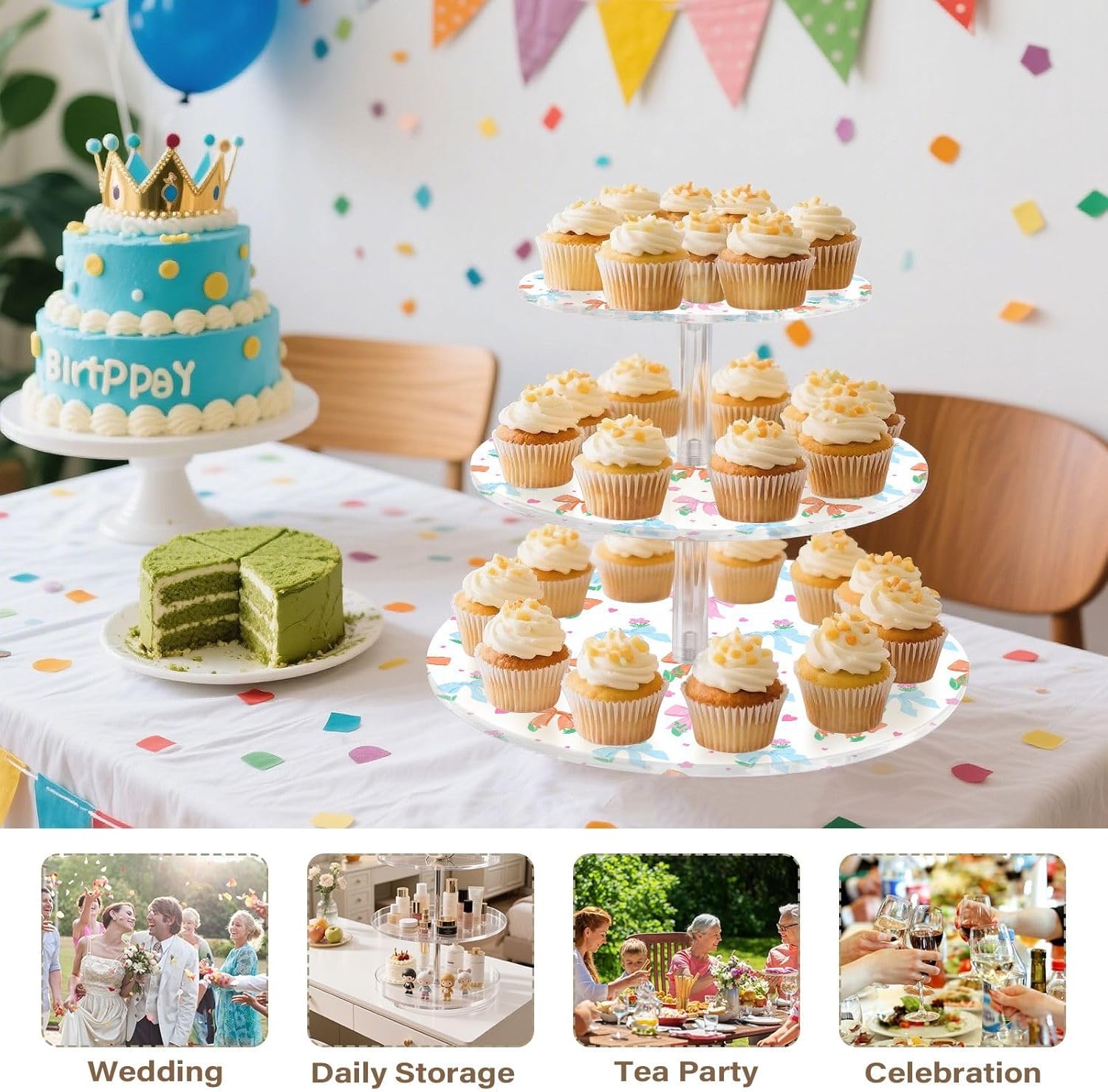 Doodle Colorful Bow 3 Tier Round Cupcake Stand, Acrylic Cupcake Stand, Tray Decoration, Dessert Tower, Suitable for Party, Holiday