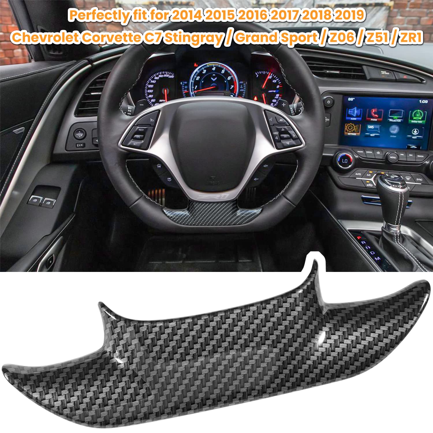 Carbon Fiber Look Steering Wheel Cover Molding Cover Trim for Chevrolet Corvette C7 Z06 Z51 ZR1 Stingray Grand Sport 2014 2015 2016 2017 2018 2019 Interior Accessories Small One (Black)