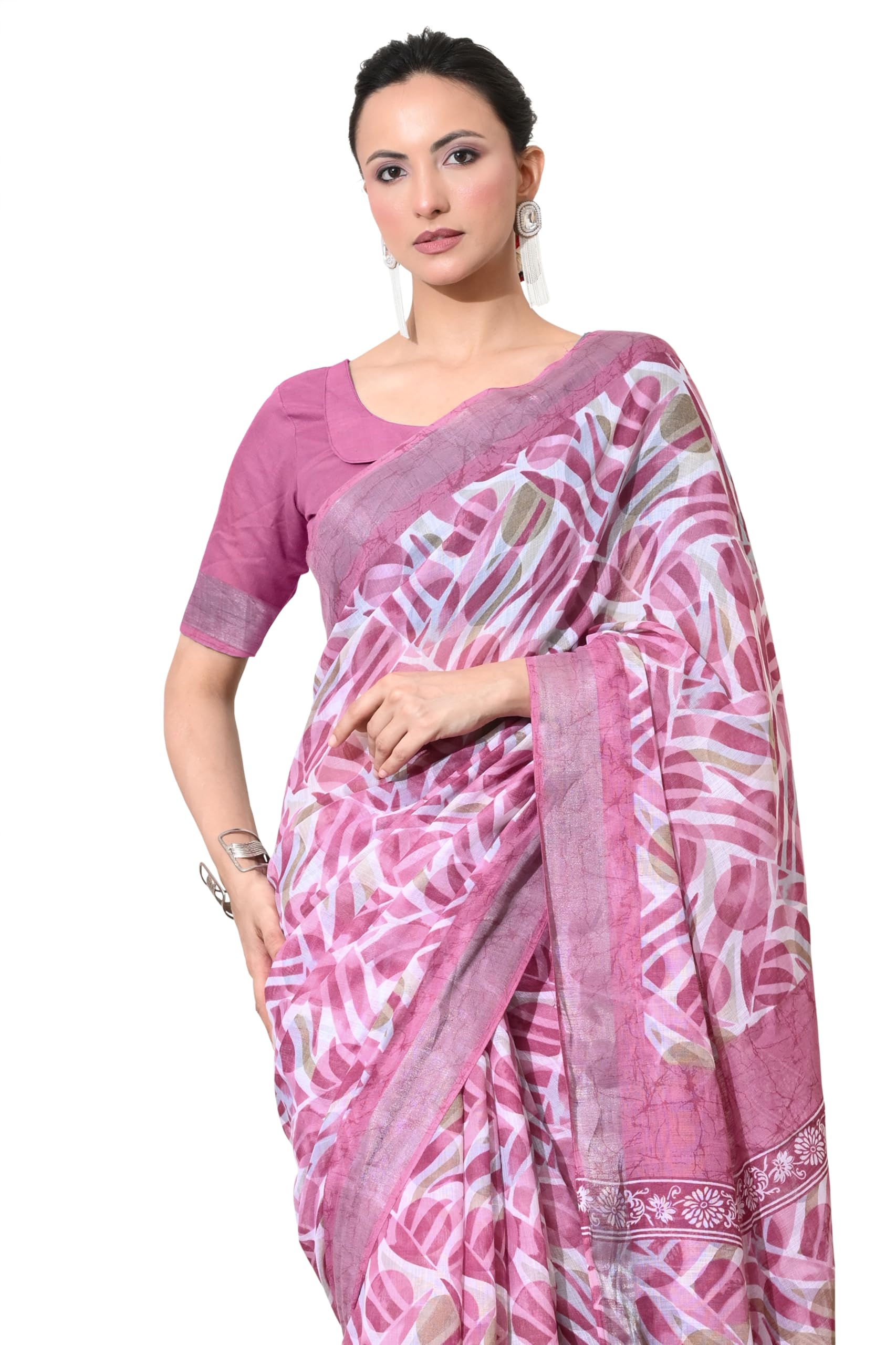 mirchi fashion Women's Cotton Blend Geometric Printed Saree with Blouse Piece (60531 - White, Pink,Light Brown)-picture-37