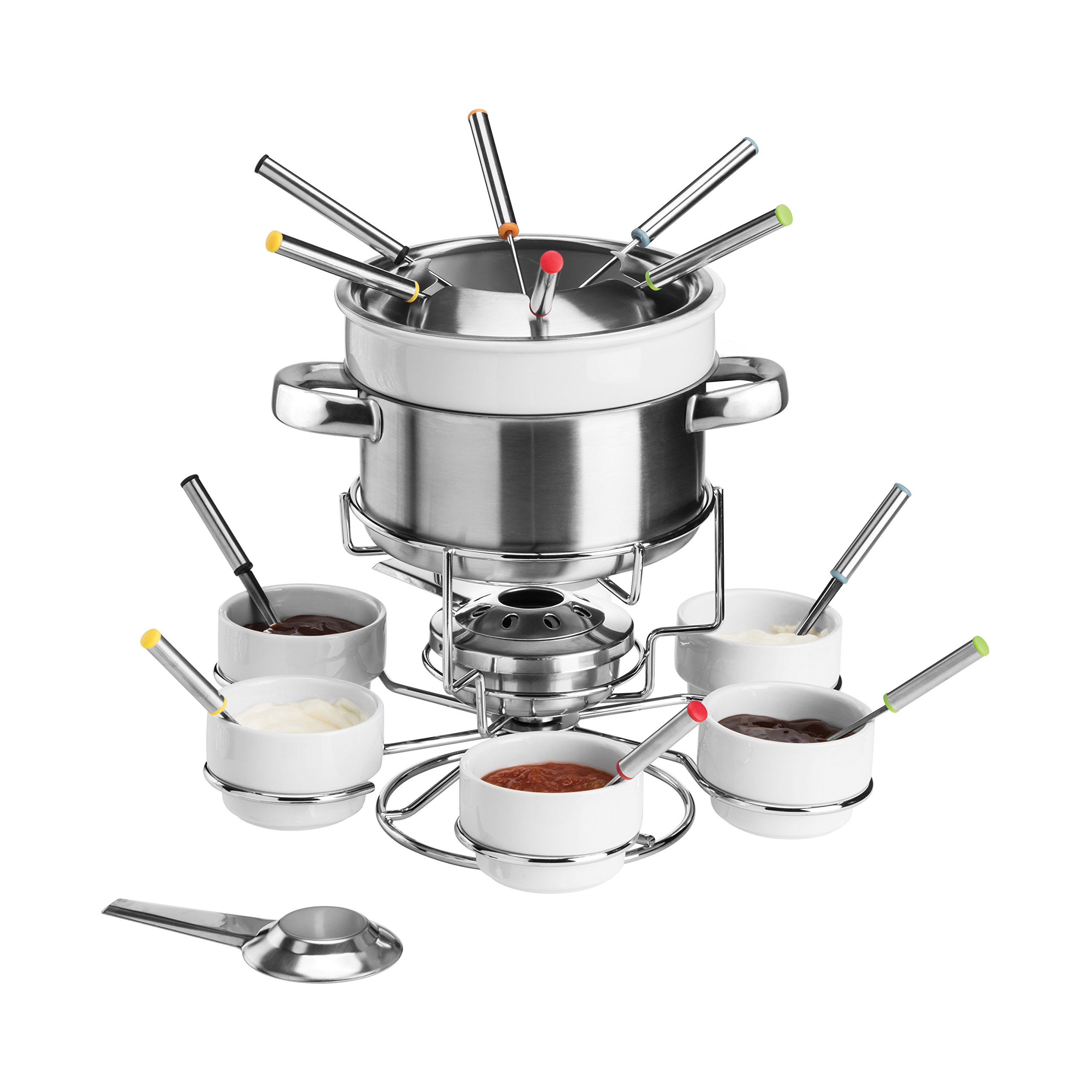 Service à Fondue en Acier Inoxydable et Porcelaine, Blanc- 6 Personnes