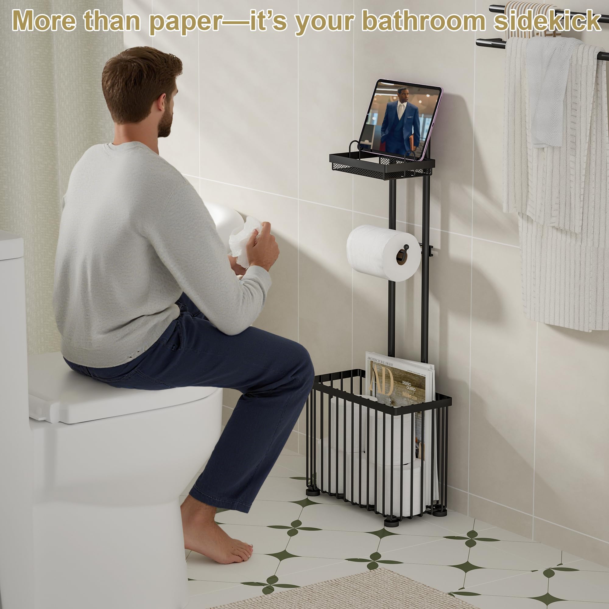 X-cosrack Freestanding Toilet Paper Holder Toilet Tissue Rack Scroll Stand Roll Dispenser with Storage Shelf Reserve for Phone — view 9