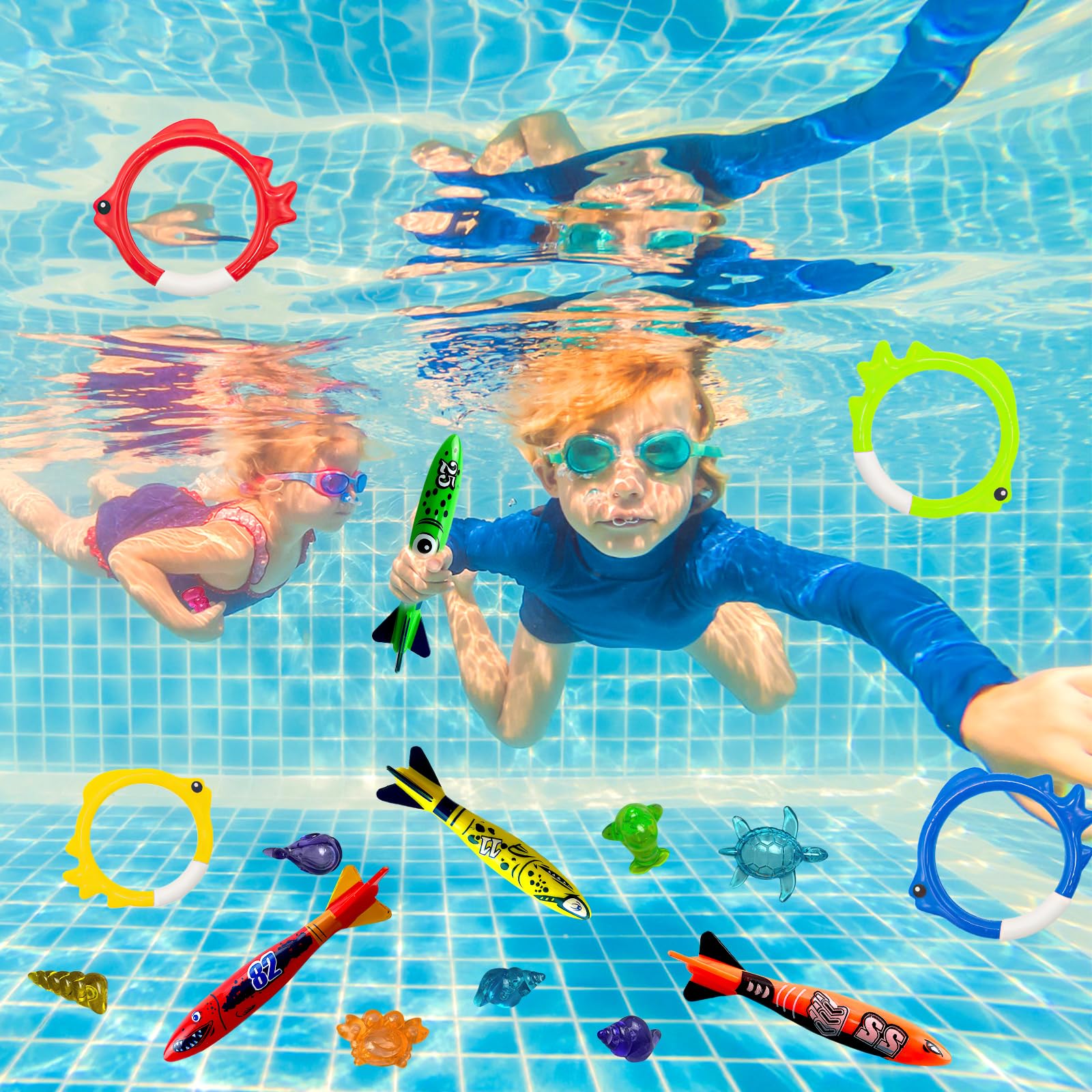 Set De Buceo Para Niños Con 17 Piezas – Torpedos, Anillos Y Gemas Submarinas – Juguetes De Piscina Para 5 A 12 Años