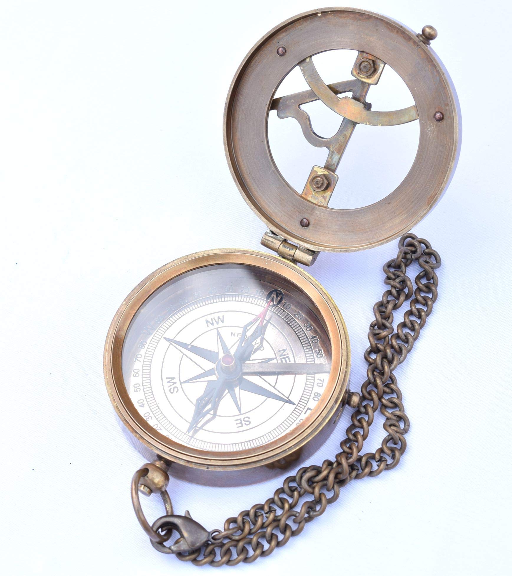 Messing-Sonnenuhr-Kompass mit Kette und Lederetui - Marine Nautical - Sonnenuhr - Steampunk Zubehör