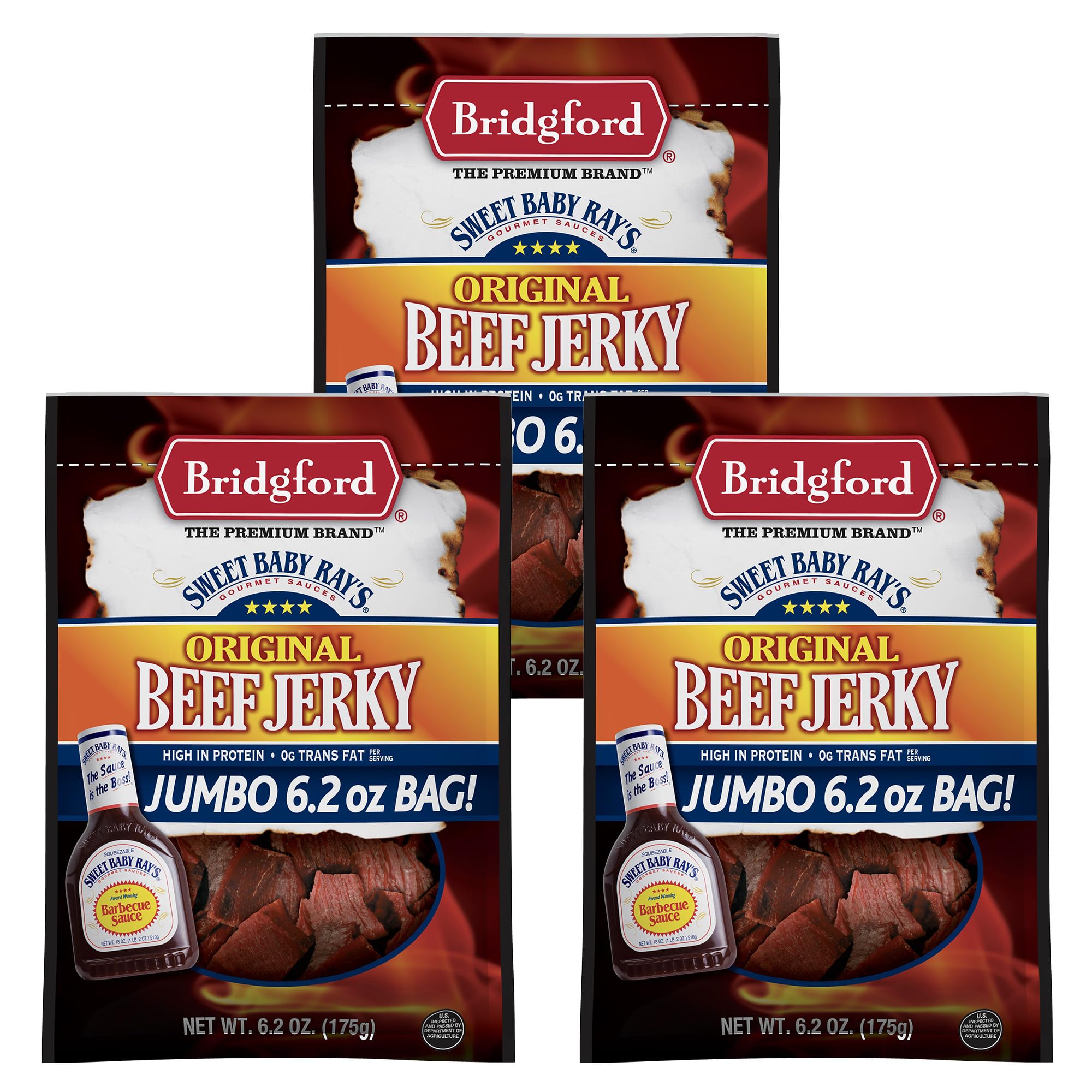 BridgfordSweet Baby Ray’s Beef Jerky Original 6.2 oz Pack of 3 - Healthy High Protein Beef Jerky for Your Dietary Preferences - Ready-to-Eat Snacks for On-the-Go Snacking and Busy Lifestyles