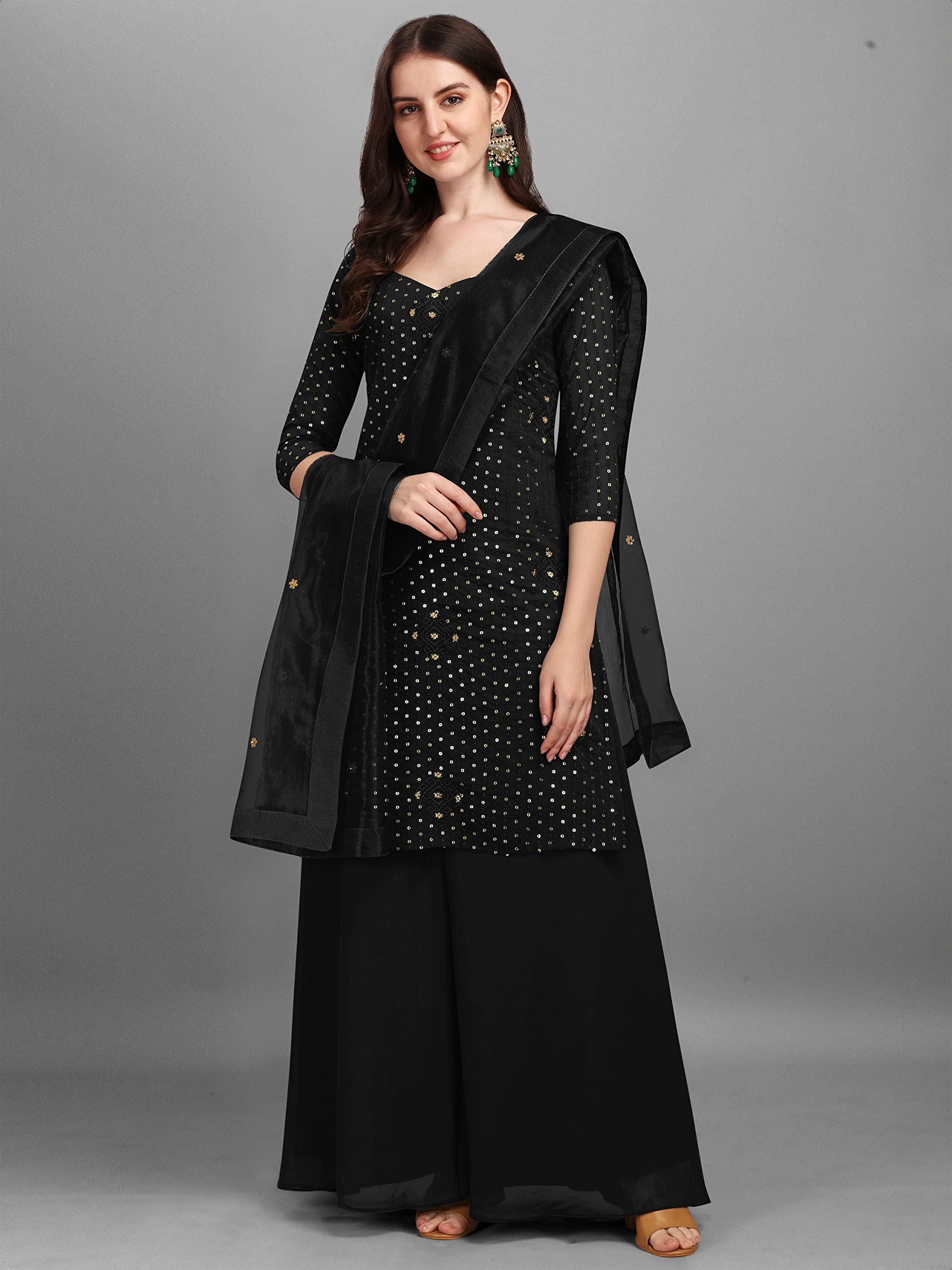 Fashion Basket Womens Gerogette Semi-Stitched Dress Material With Unstitched Sharara Black Salwar Suit (Fb-Ss-F1425_Black)
