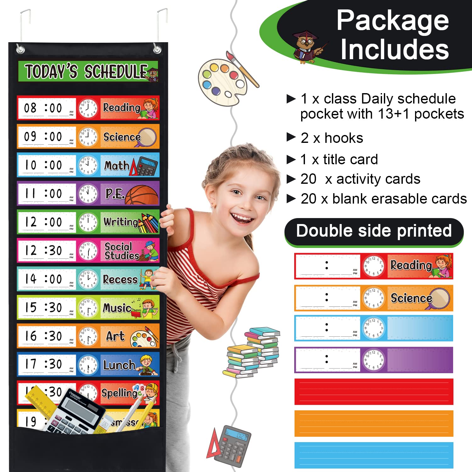 Home School Organization TOGETRUE Double-Sided Classroom Schedule Pocket  Chart - 35.5x13 Inch With 18 Erasable Cards Visual Pocket Chart For Kids, image size:1500x1500