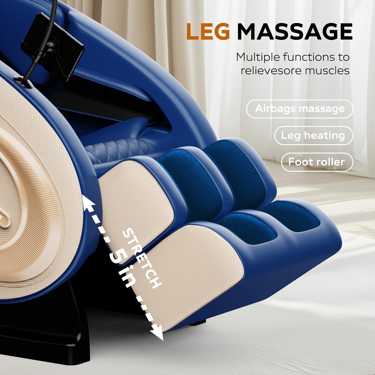 Close-up of the massage chair's leg and footrest, showing the stretch function and icons for airbags massage, leg heating, and foot roller.
