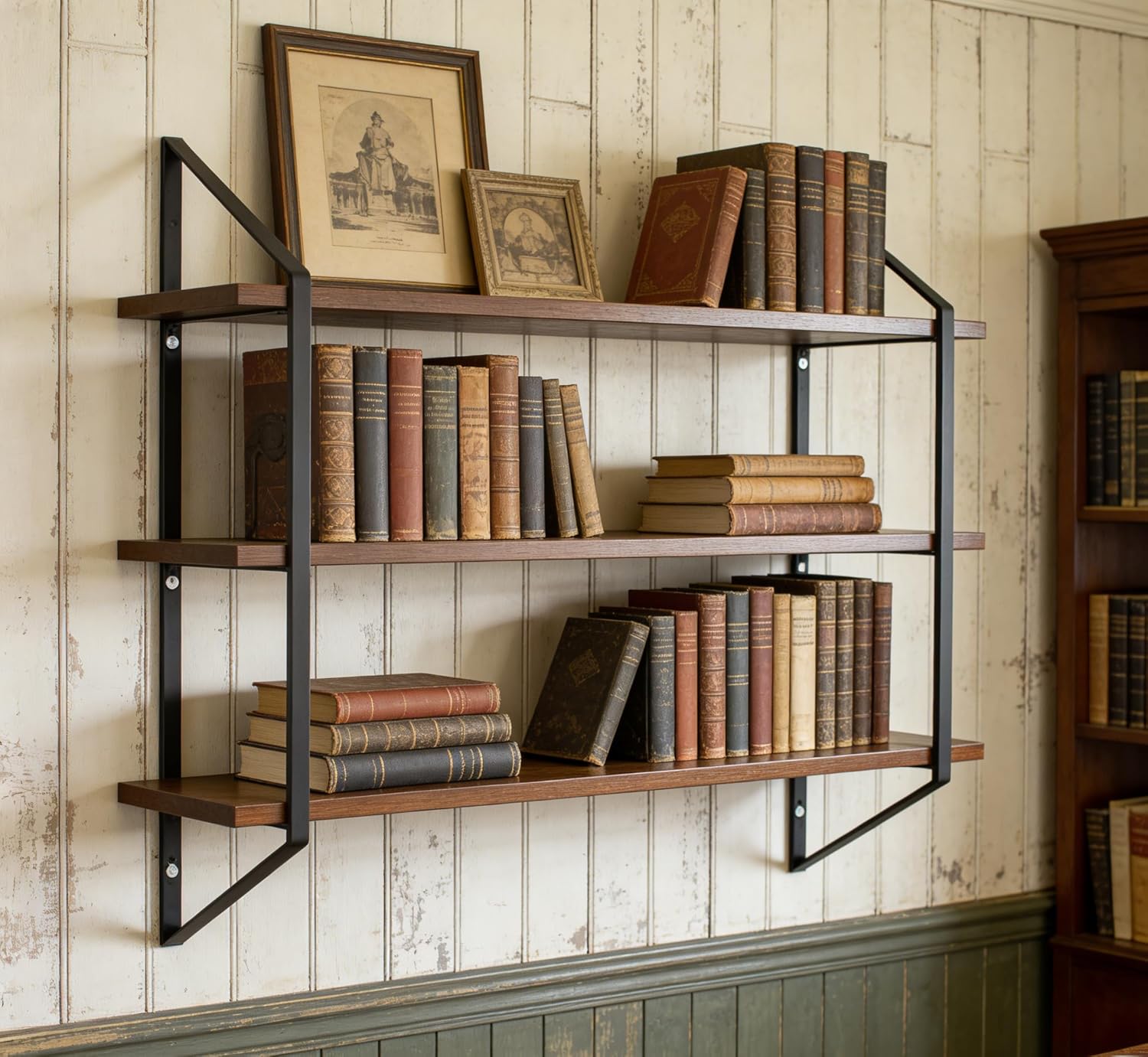 3-Tier 20" W Walnut Board Black Metal Bracket, 20 Inches in Length, 5 Inches in Width, and 23 Inches Modern Wall Shelf for Bathroom Bedroom Living Room Garden