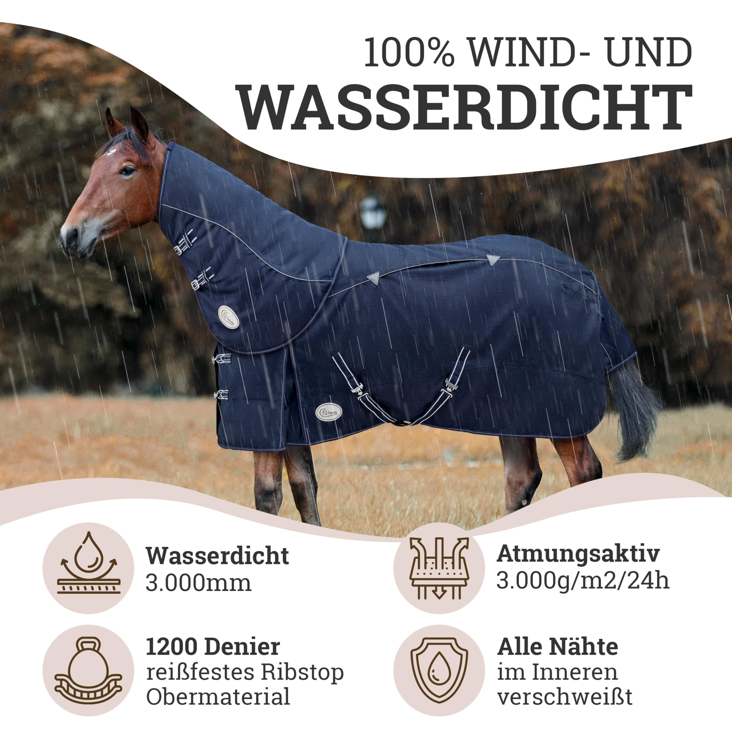 Esposita Airflow Outdoordecke Regendecke mit Fleece 200g Weidedecke Outdoordecke Übergangsdecke Champion Edition optimales Klima ohne Hitzestau 100% wasserdicht Pferdedecke 135cm Polarfleece Navy