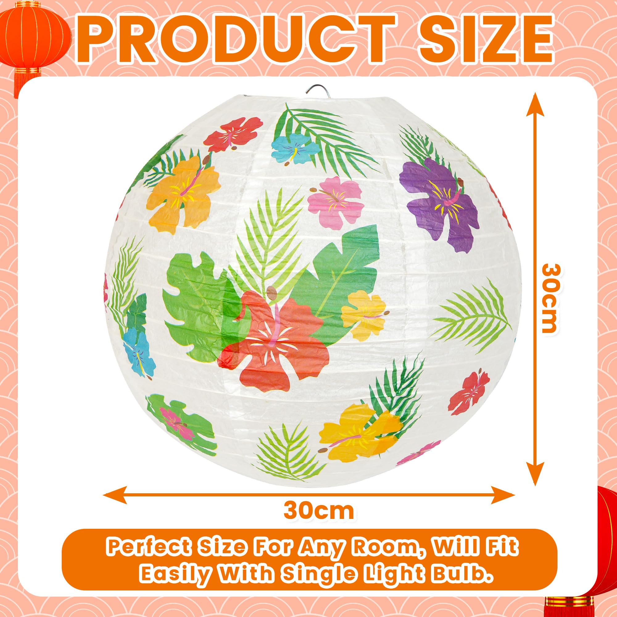 Paper Lampshade Hanging Light Shade 30cm, Oriental Ribbed Japanese Ceiling Fixture with Pineapple & Floral Hawaiian Patterns - Image 3