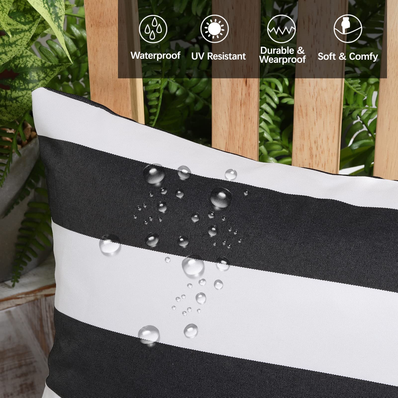 Lewondr 2 PCS Housses de Coussin d'Extérieur Imperméables, Taie d'oreiller Imperméable Rectangulaire à Rayures pour Patio Véranda Maison de Campagne Jardin Balcon, 30x50cm, Noir&Gris+Blanc