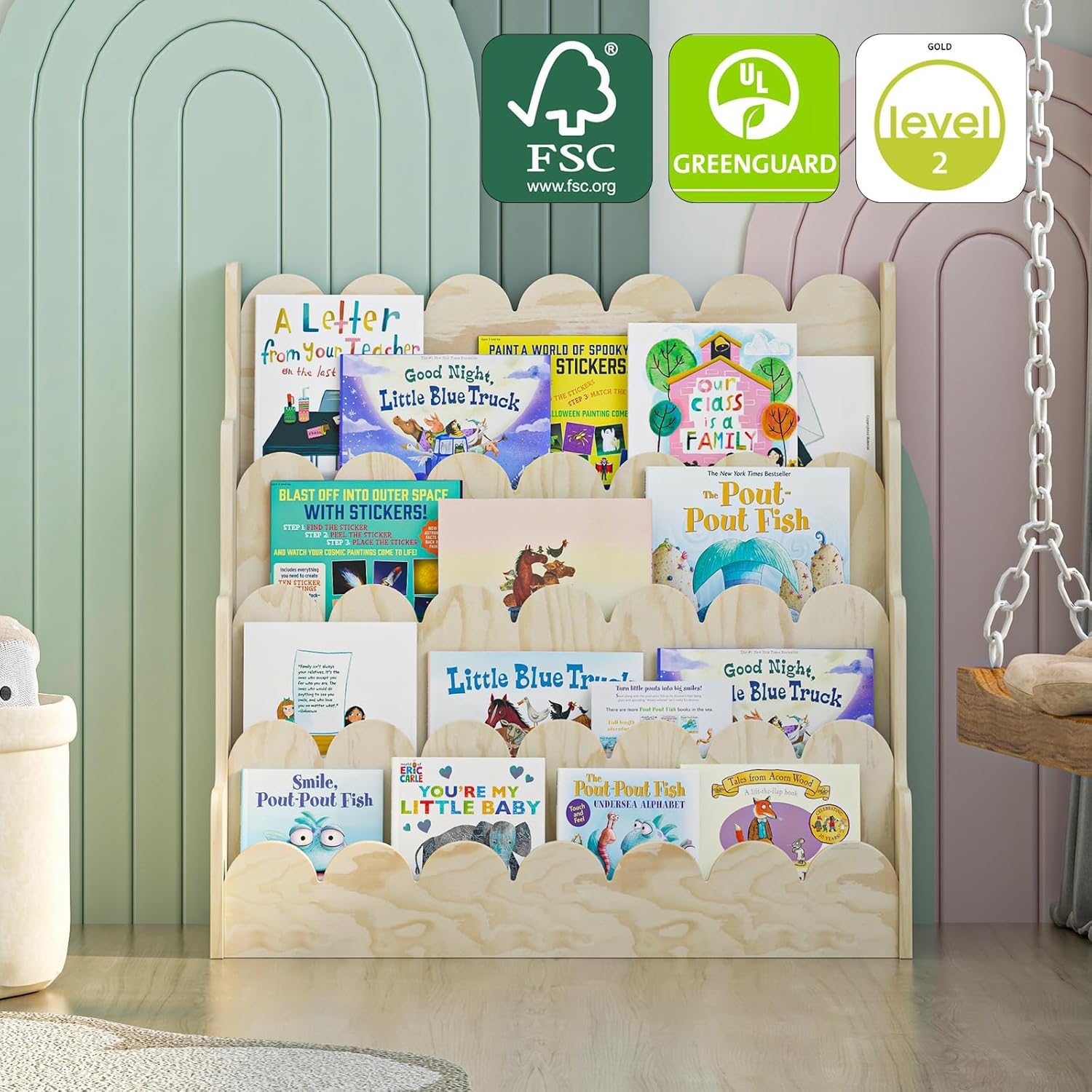 4 Tier Scalloped Kids Bookshelf Natural Wood Toddler Book Rack Nursery Bookcase Playroom Coloring Book Magazine Display Storage Shelf Organizer Classroom Library Homeschooling (Natural Wood)