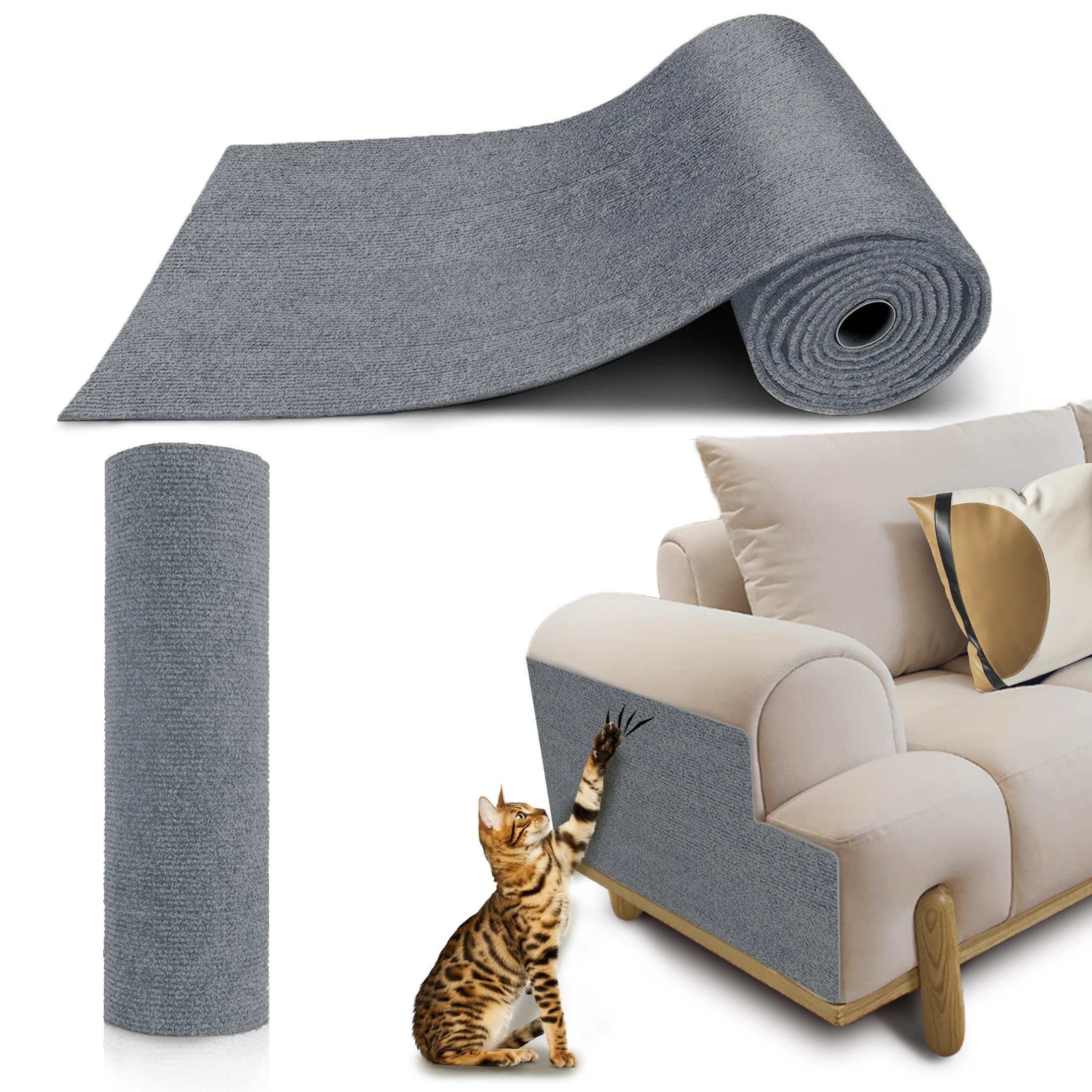 XPQKDC Cat Scratch Furniture Protector, Couch Protector from Cat Claws, Trimmable DIY Cat Scratch Pad Mat for Leather, Sofa, Wall, Couch Corner and Cat Tower, 78.7"x15.8"Self-Adhesive(Grey)