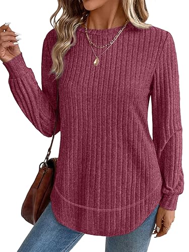OFEEFAN Tunic Tops for Women Loose Fit Dressy Long Sleeve Shirts Womens Sweaters Crew Neck Fall Clothing with Curved Hem - H-purple Red - Large