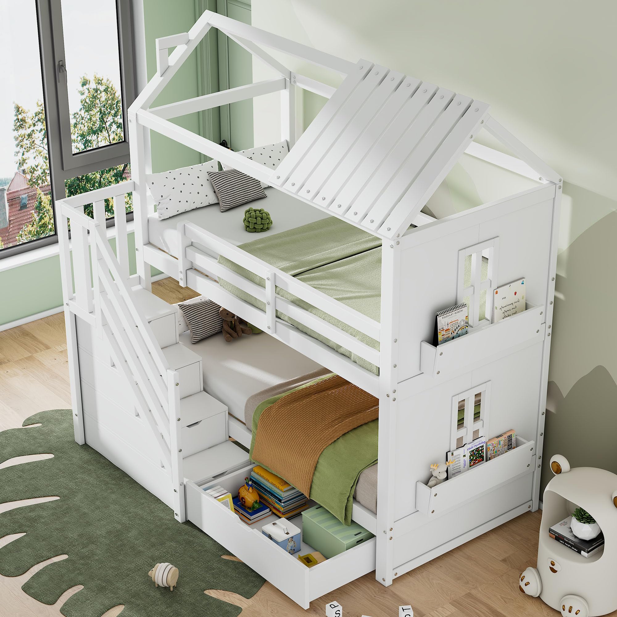 Dolamaní Letto a castello per 2 bambini, 90 x 200 cm, letto per fratelli con scale e cassetti e mensole, extra grande, legno di pino (bianco)
