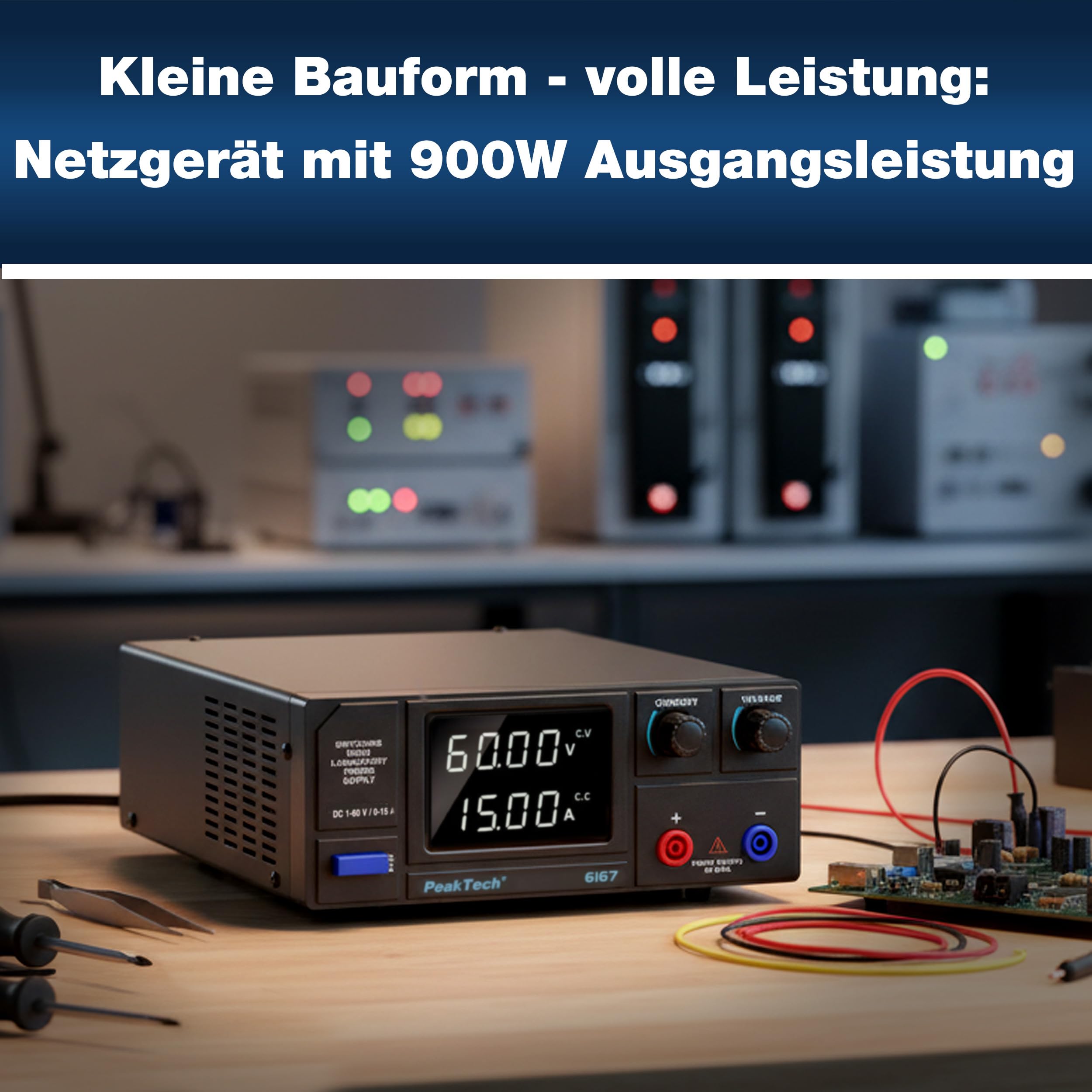 PeakTech 6167 – zasilacz laboratoryjny DC 1-60 V / 0-15 A @ 900 W wyświetlacz segmentu LED, zasilacz High Power z regulowanym napięciem wyjściowym, zasilacz laboratoryjny