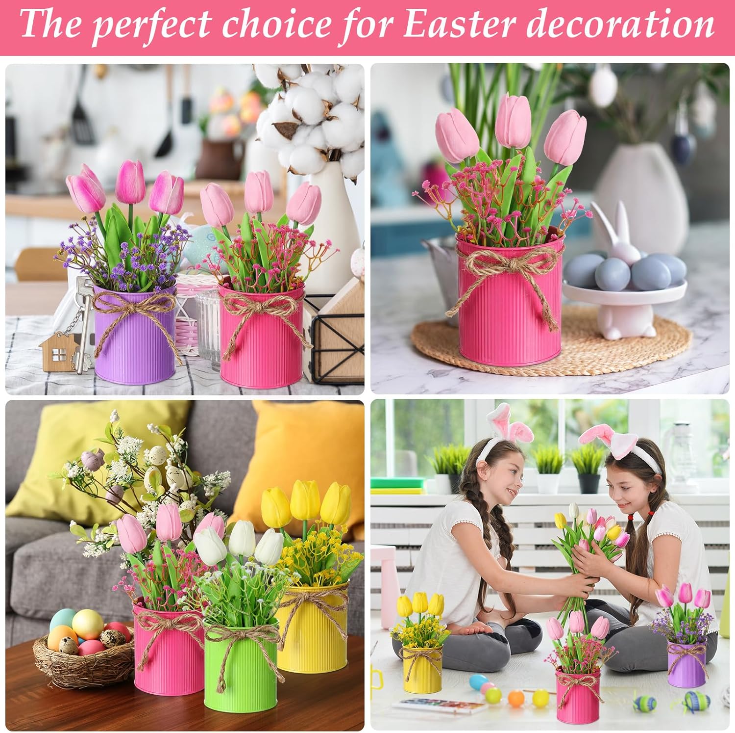 Domensi 24 Set Spring Table Centerpieces Artificial Tulips and Babys Breath Decorations in Metal Pots Faux Multicolor Tulip Potted Flower Fake Floral Bouquet for Home Office Wedding Decor
