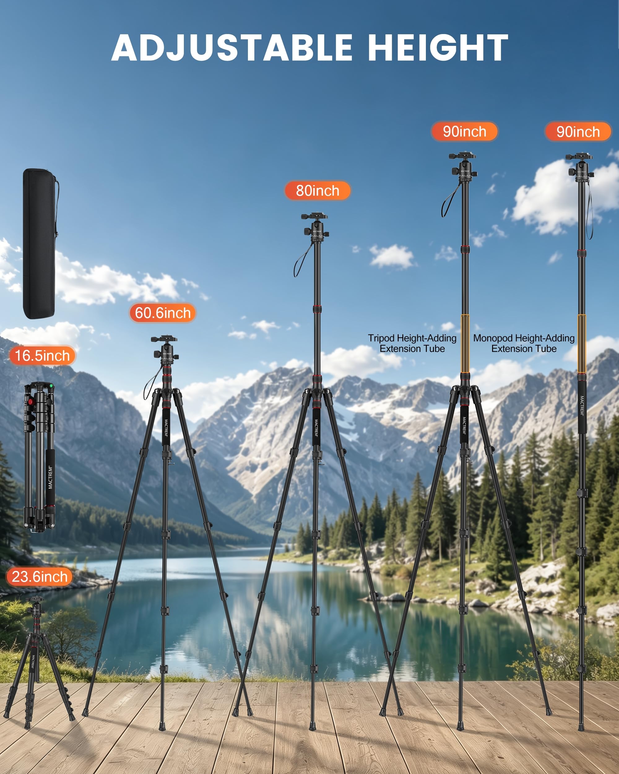 MACTREM Trípode de 84 Pulg, Trípode DSLR Profesional con Rotula 360°, de Aluminio y Monopie, Incluye Bolsa, Carga 15 kg, Compatible con Cámaras y Telescopios | Bolsa de transporte con diseño de trípode y monopié incluida compatible con Canon, Nikon, binoc