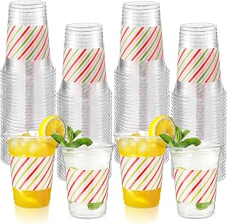 100 Pcs Christmas Party Plastic Cups 16 oz Disposable Green and Red Striped Christmas Cups Bulk Clear Drinking Glasses for Xmas Holiday Party Supplies Coffee Juice Snacks