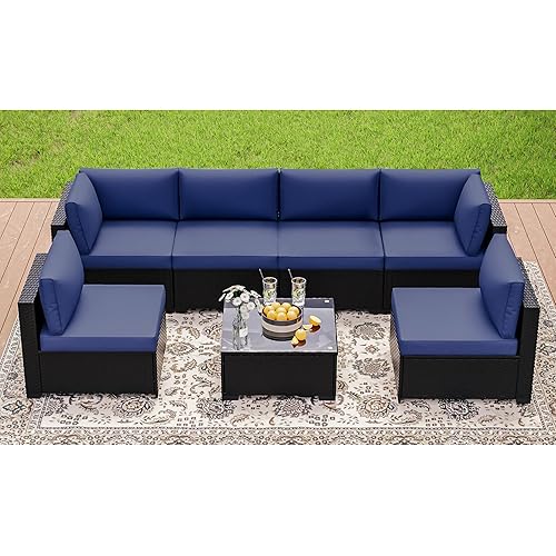 7 Pieces Patio Furniture Sets, Outdoor Furniture Patio Conversation Set, All Weather PE Rattan Sectional Sofa with Cushions and Glass Table (Coffee-Dark Blue,7 Pieces-S)