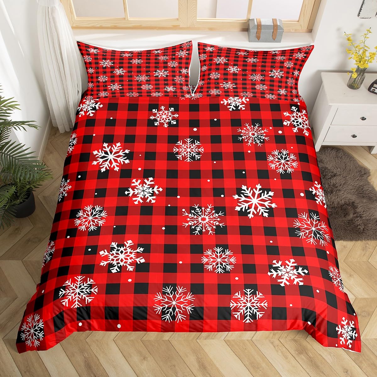 Loussiesd Christmas Kids Duvet Cover Snowflake Red Bedding Set Junior/Cot Bed Size Red Black Plaid for Kids Boys Girls Bedroom Winter Snow Decor Microfiber Ultra Soft Breathable — image 1
