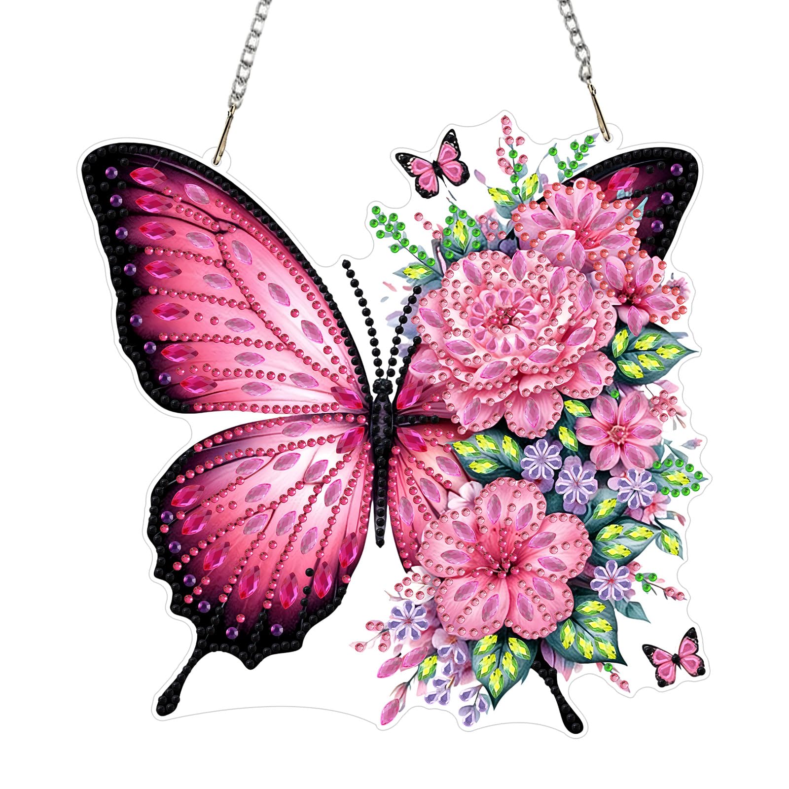 NEWENMO Pink Butterflies Diamond Painting Hanging,5D Flowers Diamond Art Hanging Ornament Kits,DIY Crystal Rhinestone Acrylic Gem Art Pendant Ornaments,for Windows,Walls,Doors and Garden Decoration