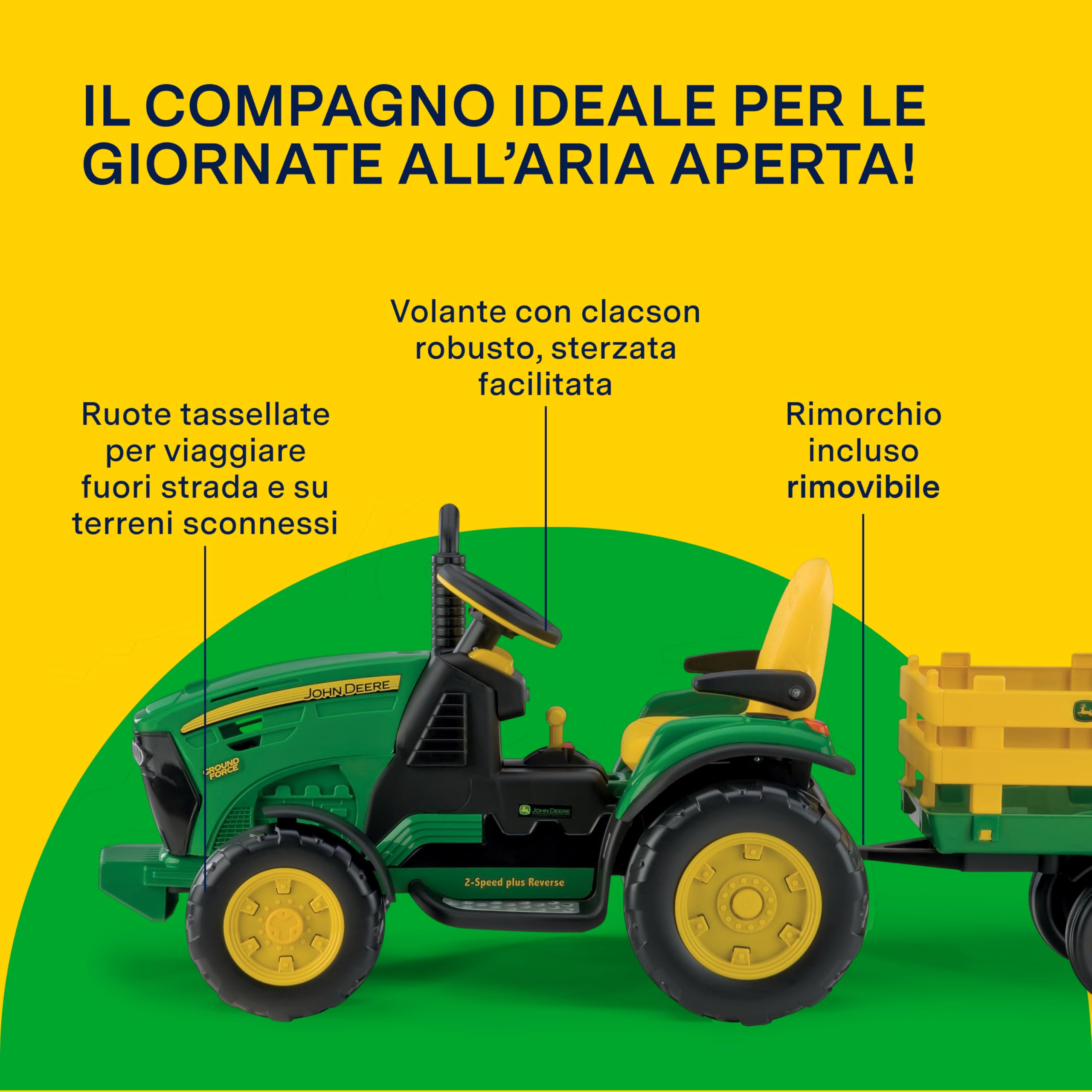 PEG John Deere Ground Force - Trattore Elettrico Cavalcabile per Bambini 3+ Anni con Batteria Ricaricabile 12V, Rimorchio Incluso e Radio FM