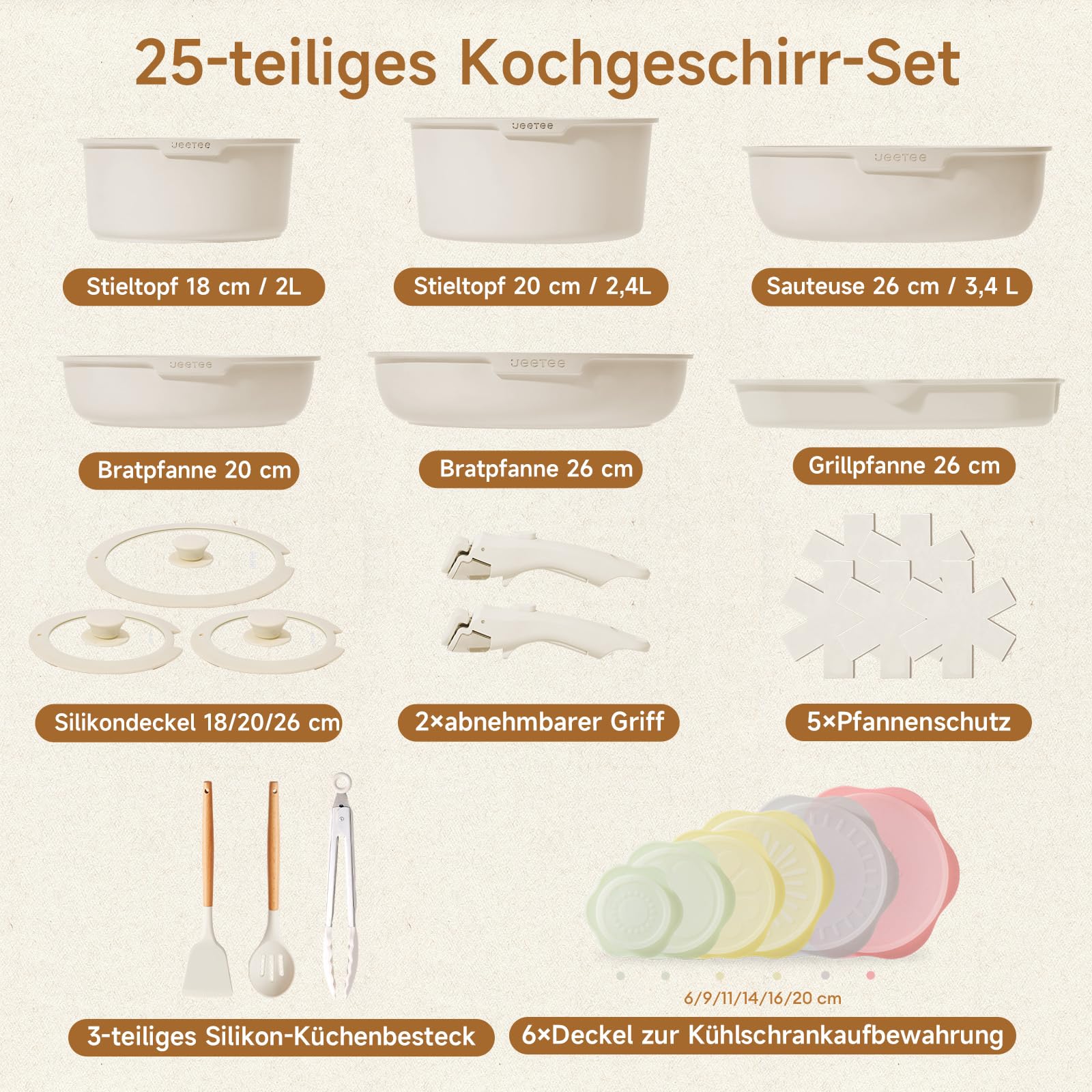 JEETEE Topfset Pfannenset 25-teilig mit abnehmbaren Griffen – Induktionsgeeignet, Antihaft, Stapelbar, Ofenfest, Weiß