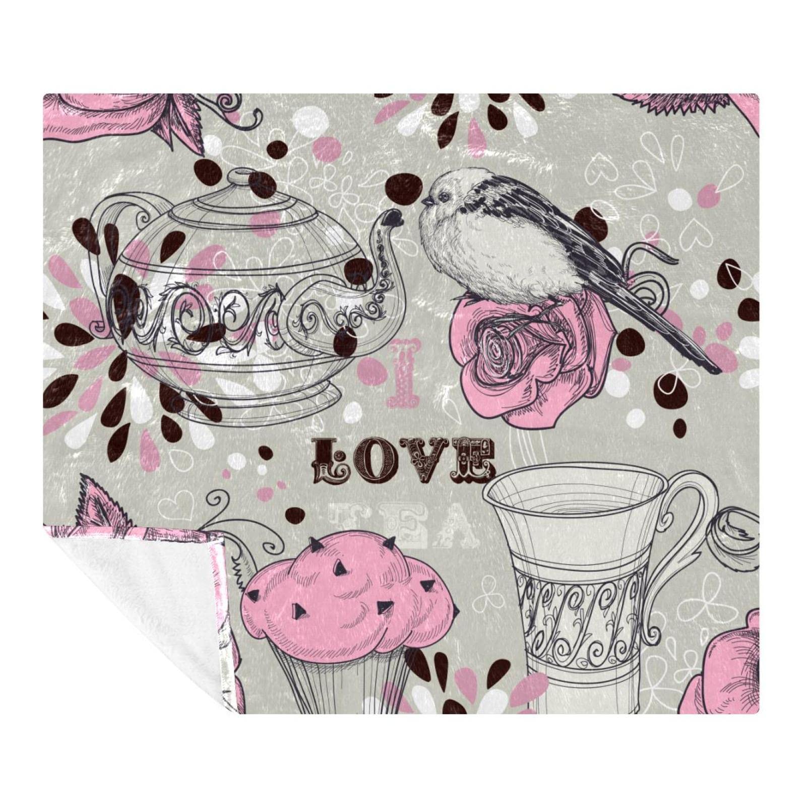 Couverture polaire rose avec motifs cupcake et oiseau pour la literie de chambre