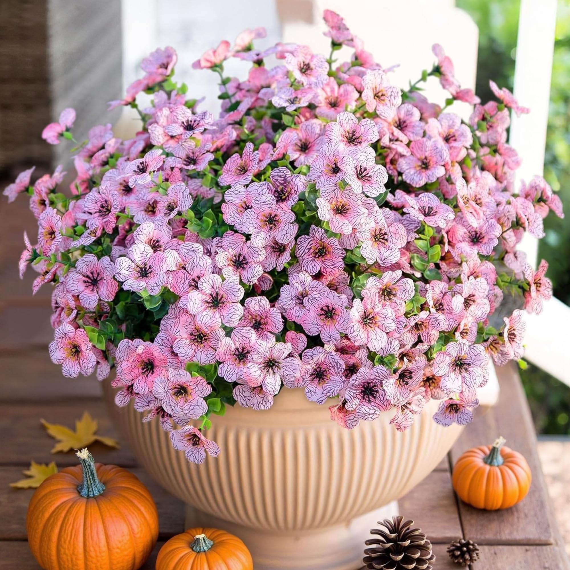 HyeFlora Artificial Flowers for Outdoor Indoor Garden Home Decoration, Faux Flower Daisy with Eucalyptus Leaves Fake Plants Greenery Boxwood Porch Patio, 12 Bundles (Pink)