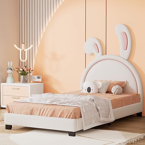 Miniatura 8 de Cama de princesa tapizada en forma de conejo, con cabecero y estribo. Preciosa cama infantil con marco de madera maciza. (matrimonial, blanco+rosa F)