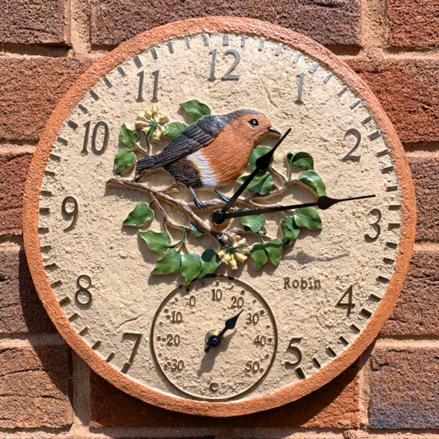 Garden Mile 30 cm Rotkehlchen-Gartenuhren für den Außenbereich, wasserdicht, mit Thermometer für Garten, analoge Außenuhren für Garten, wetterfest, Außenuhren für Küche, Wohnzimmer und Terrasse