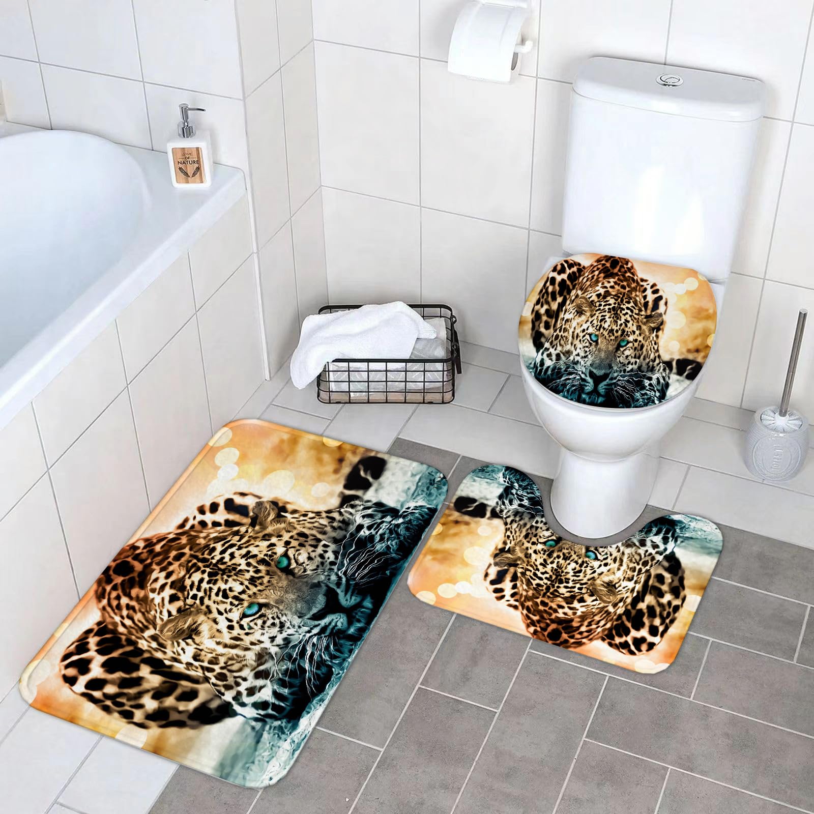 Set di 3 tappetini da Bagno, Lavabili in Lavatrice e Antiscivolo, in Morbida Fibra Superfine, Fantasia Leopardata (3)