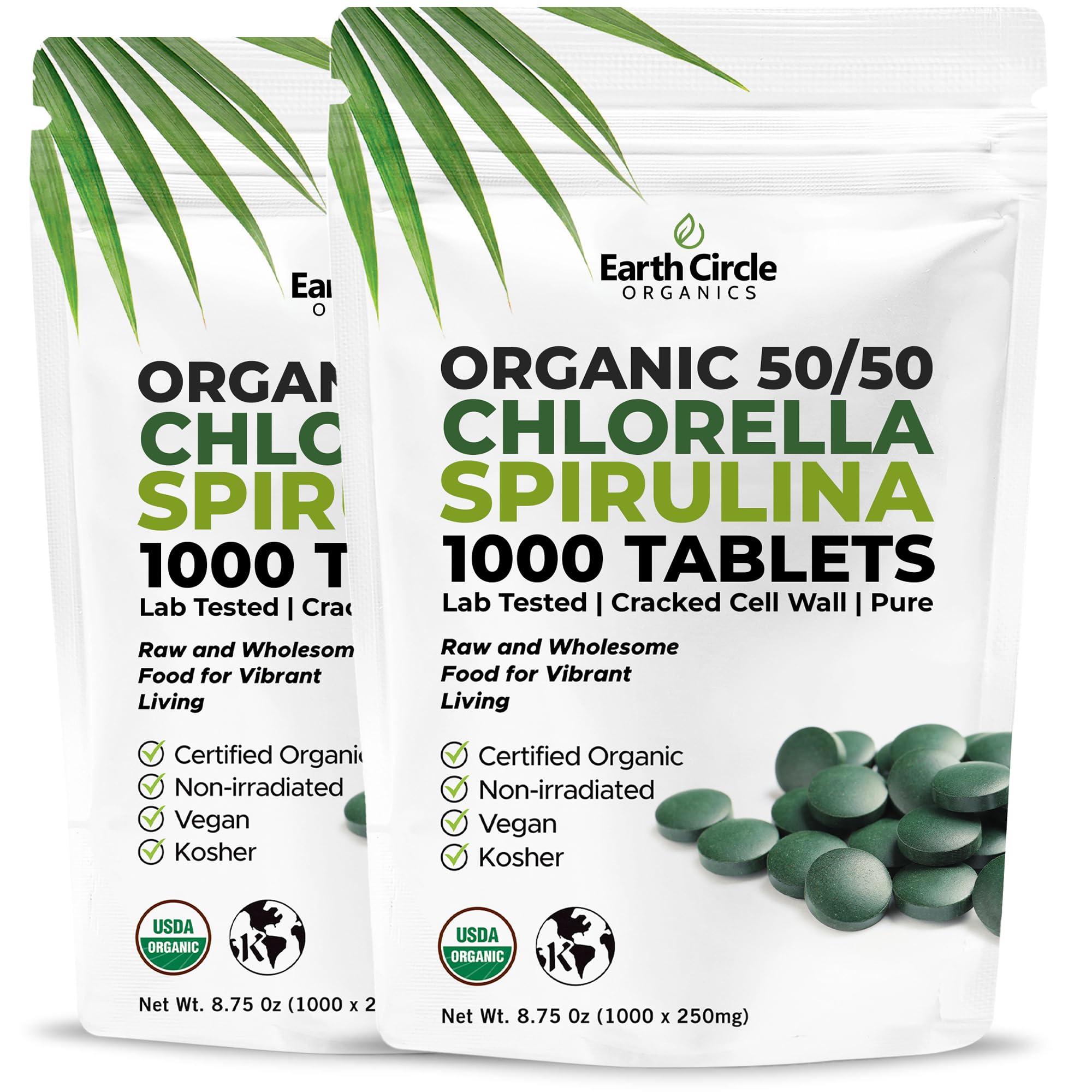 Premium Organic CHLORELLA /SPIRULINA 1000 Tablets (50/50) Kosher, Vegan - Green Algae Superfood, Cracked Cell Wall, Chlorophyll, High in Protein & Iron, no additives, or fillers 8.75 Oz (2 Pack)