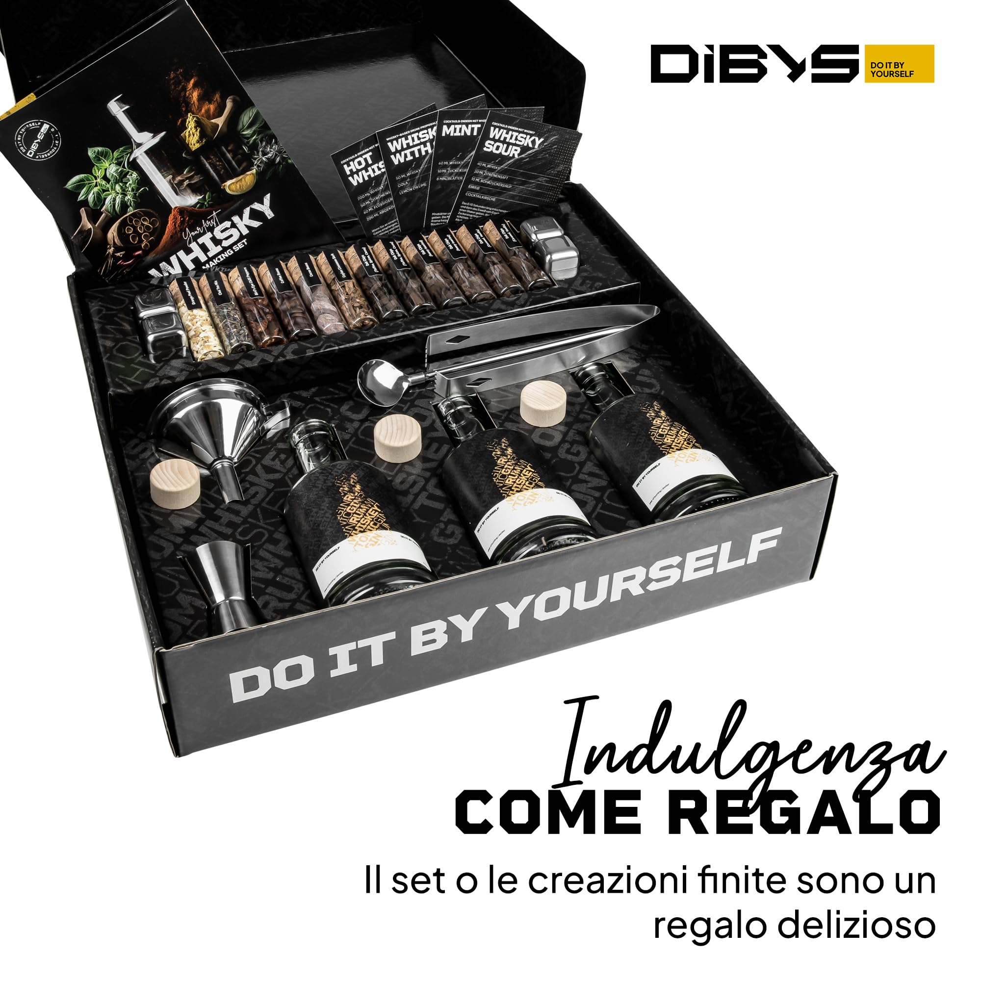 DIBYS Kit Whisky Fai-Da-Te con 12 Botaniche Naturali e Accessori (Bottiglia, Cubetto e altro ancora) Set regalo WHISKEY per amanti del Whisky Kit di infusione e degustazione con 4 ricette