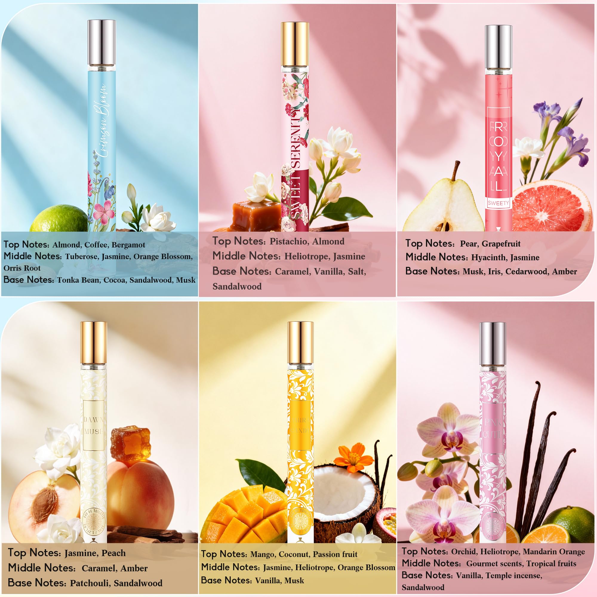 Coffret cadeau de parfum de luxe pour femme | 6 x 35 ml Eau de toilette | Collection Mini parfum longue durée | Parfums pour femme | Tailles de voyage | Idée cadeau pour femme pour la Saint-Valentin
