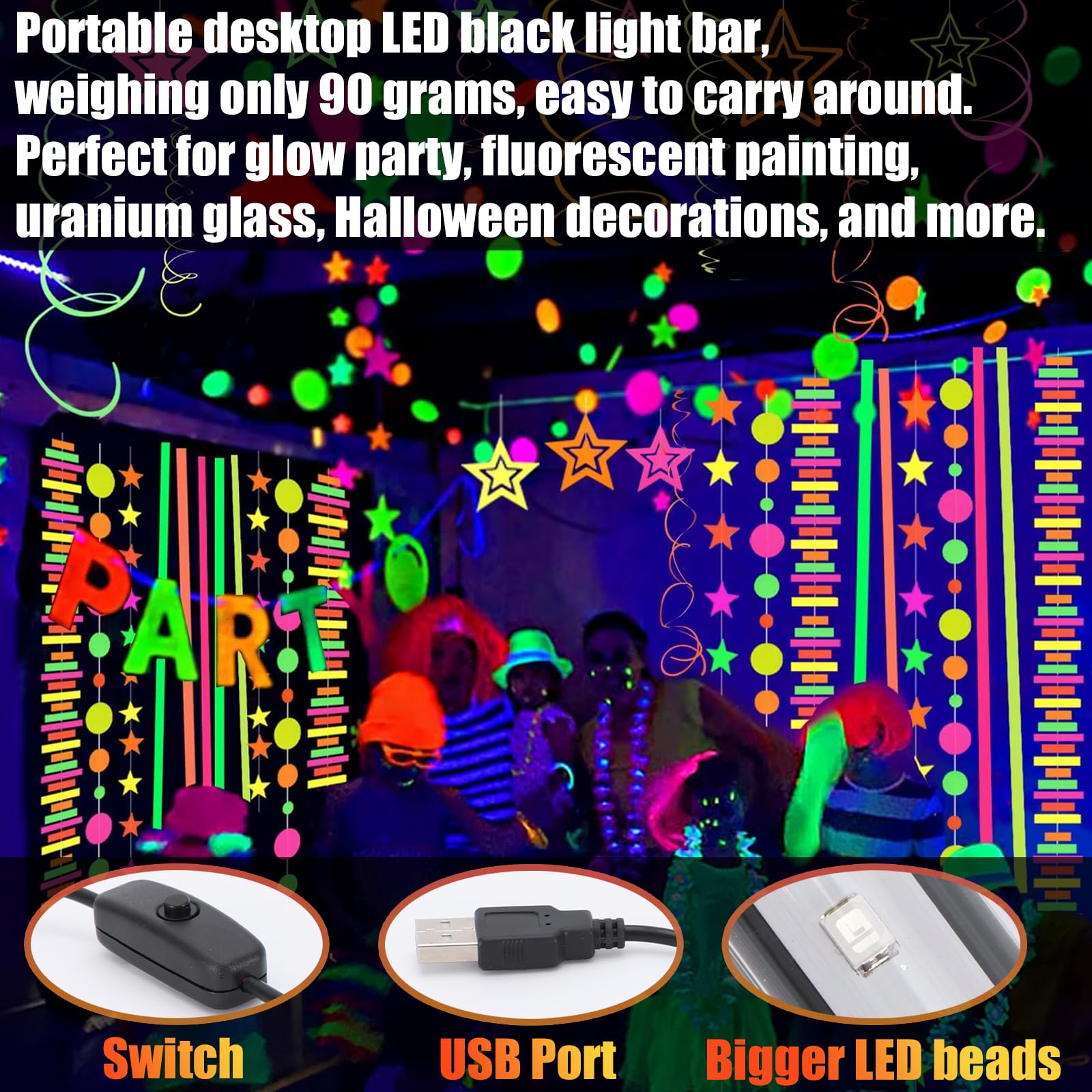 NEWREACH USB Black Light Bar, Portable LED Blacklight with Stand, Switch, 5ft Cord for Neon Glow Party Fluorescent Poster Body Paint Desk Lighting Halloween Decor