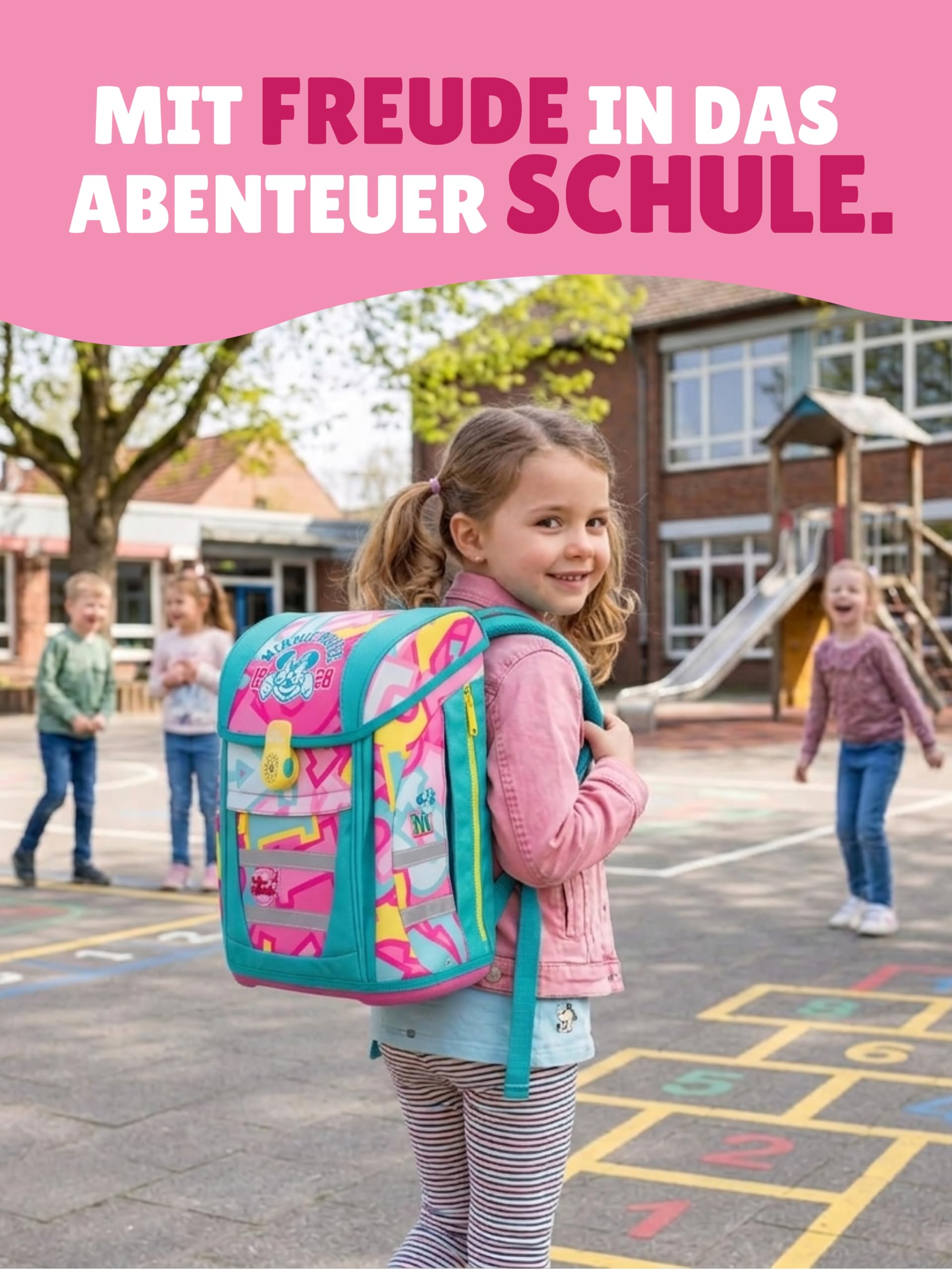 Familando - McNeill Teneris Schulranzen Set - 9-teilig mit Sporttasche - Minnie Mouse - Ergonomisch & verstellbarer Brustgurt - 980g leicht mit 18L Volumen & Reflektoren - Für Grundschule ab 1. Klasse