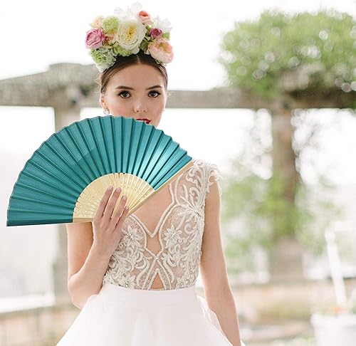 Miniatura 60 de FANSOF.FANS Abanico de mano plegable de mano de tela con borla de grado A, varillas de bambú para mujeres y niñas, fiesta de verano, eventos, Azul