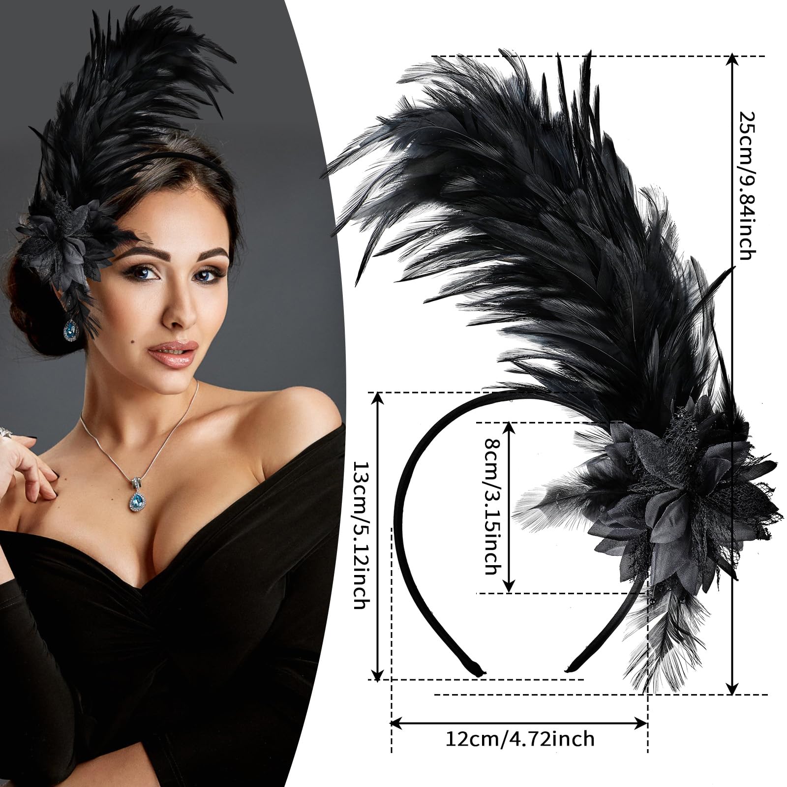 ElevateTech Feather Headpiece for Women Black Fascinators Hats Headband Tea Party Flower Headpiece 20s 50s 80s Accessories Suitable Girl Halloween Christmas Wedding Cocktail Gift - Image 2
