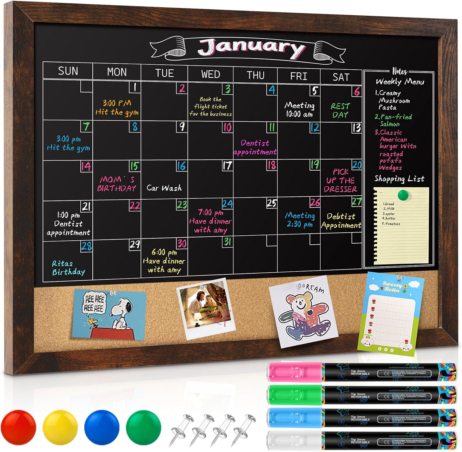 Gotideal Chalkboard Calendar 24" x 18" Chalk Board Calendar for Wall Magnetic Chalkboard Framed,Wall Mounted,Blackboard for Office,Kitchen,School,Home