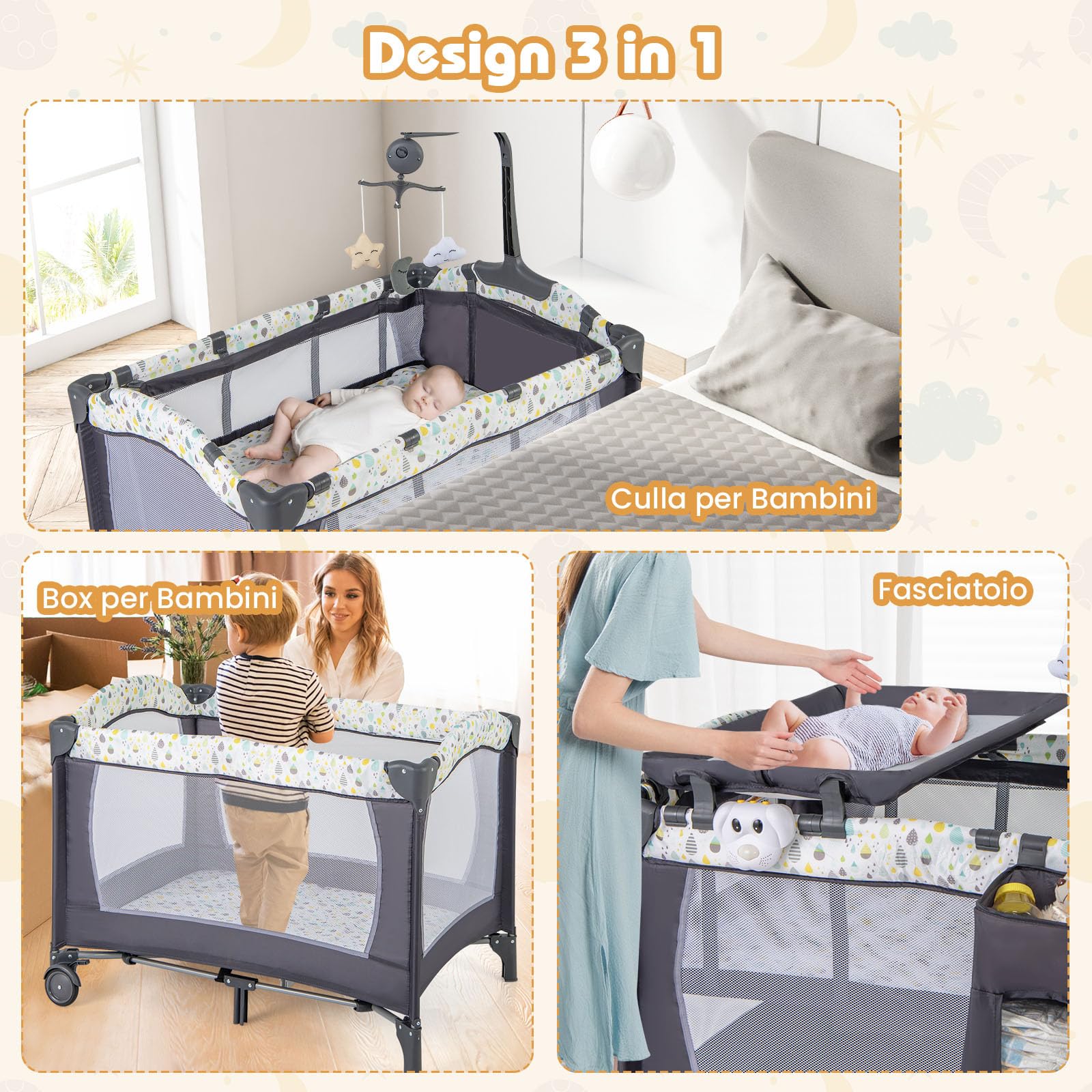 COSTWAY 4 in 1 Lettino da Campeggio per Bambini, Lettino Pieghevole con Materasso, Box Bambini Portatile con Borsa, Culla Lettino con Fasciatoio, Ruote, Portata 15 kg, 102 x 72 x 74 cm (Grigio+Beige)