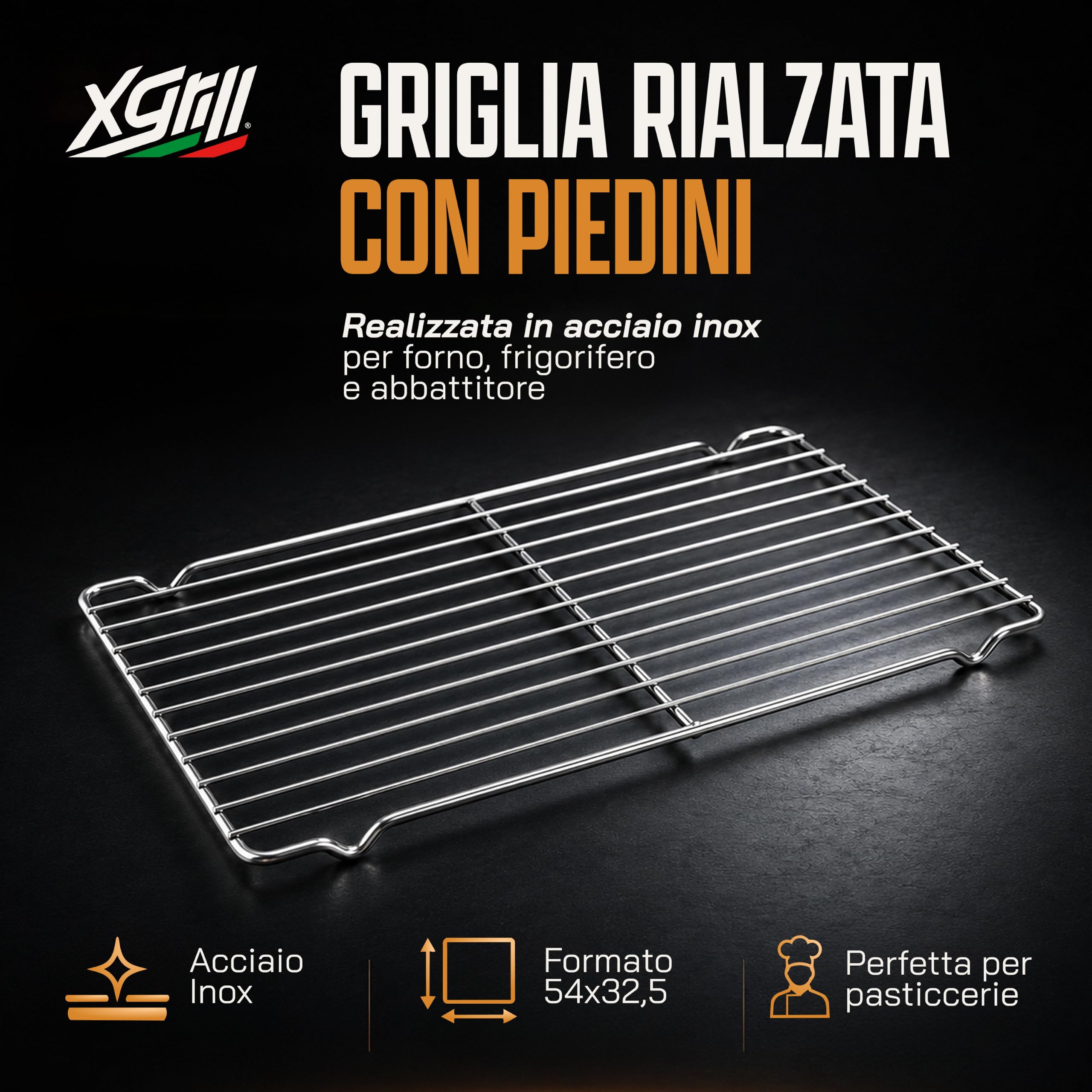 XGRILL | Griglia Rialzata 53x32,5 cm in Acciaio Inox con Piedini per Forno, Pasticceria e Raffreddamento Alimenti | Made in Italy