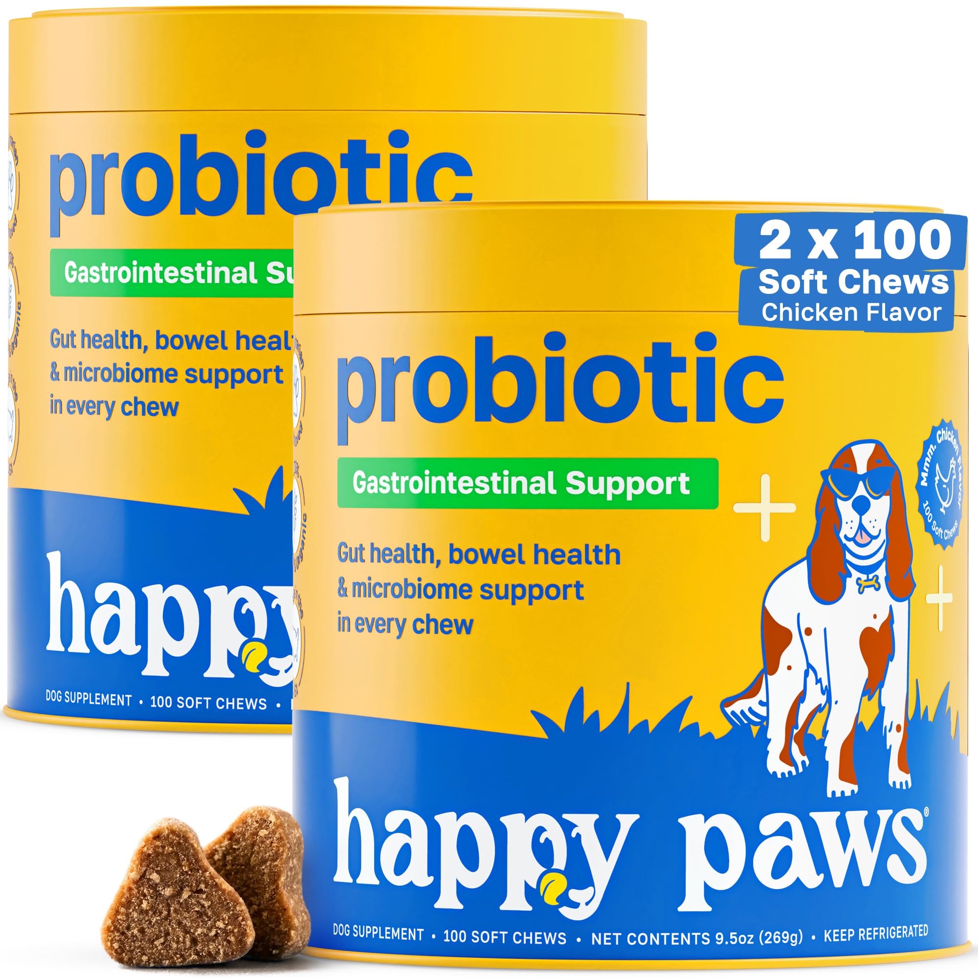 Happy Paws Probiotics for Dogs, Gut Health, Skin, Coat & Immune Support Supplement for All Breeds & Ages, Made with Coconut Oil & Vitamin E, Vegan