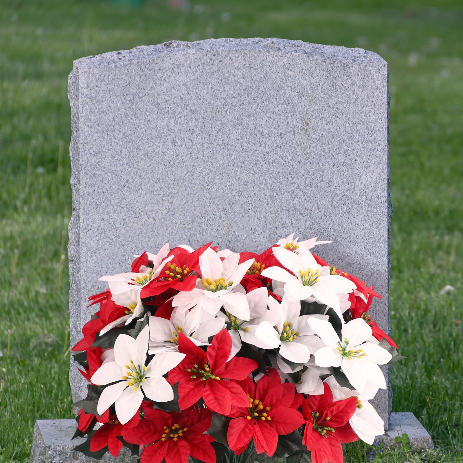 Tigeen 50 flores de Pascua artificiales de Navidad con 7 cabezas de flores de Pascua artificiales para cementerio al aire libre, corona de Navidad, decoración de jardín (rojo y blanco)