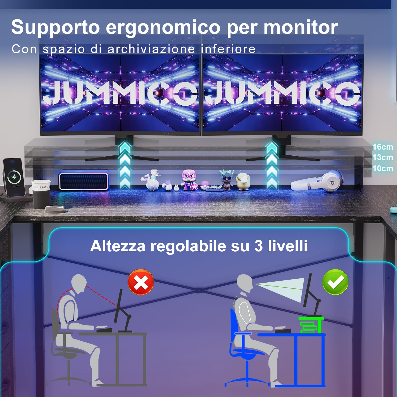 JUMMICO Scrivania da Gaming Angolare a Forma L, 170x90cm con Illuminazione LED, Supporto Monitor Regolabile in Altezza, 3 Cassetti, 2 Prese e 2 Porte USB, Scrivania in Acciaio e Legno, Nero