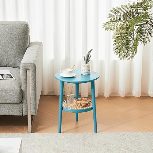 Miniatura 2 de Apicizon Mesa auxiliar redonda de 2 niveles, mesita de noche de ratán azul con almacenamiento, mesa auxiliar bohemia para sala de estar, dormitorio,