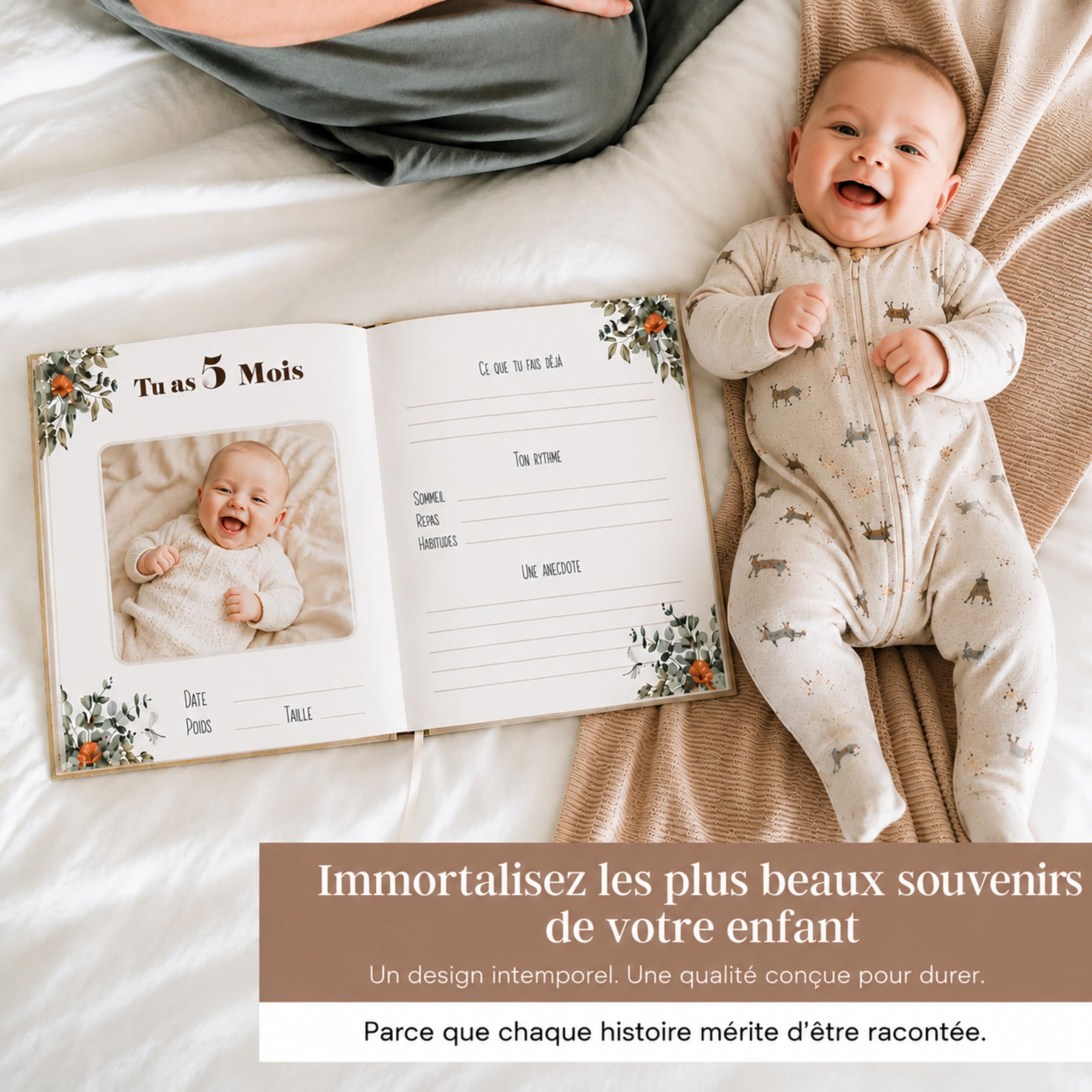 128 pagine copertina in lino – album fotografico di nascita e ricordo della nascita a 5 anni – primo anno del bambino, regalo di nascita, album ricordo + 16 adesivi